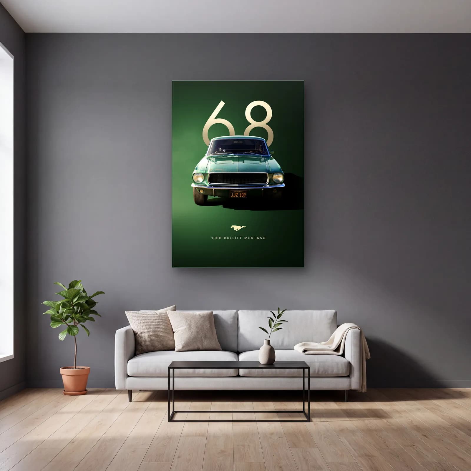 1968 Bullitt Mustang Posteri cam tablo — gri duvarlı salonda