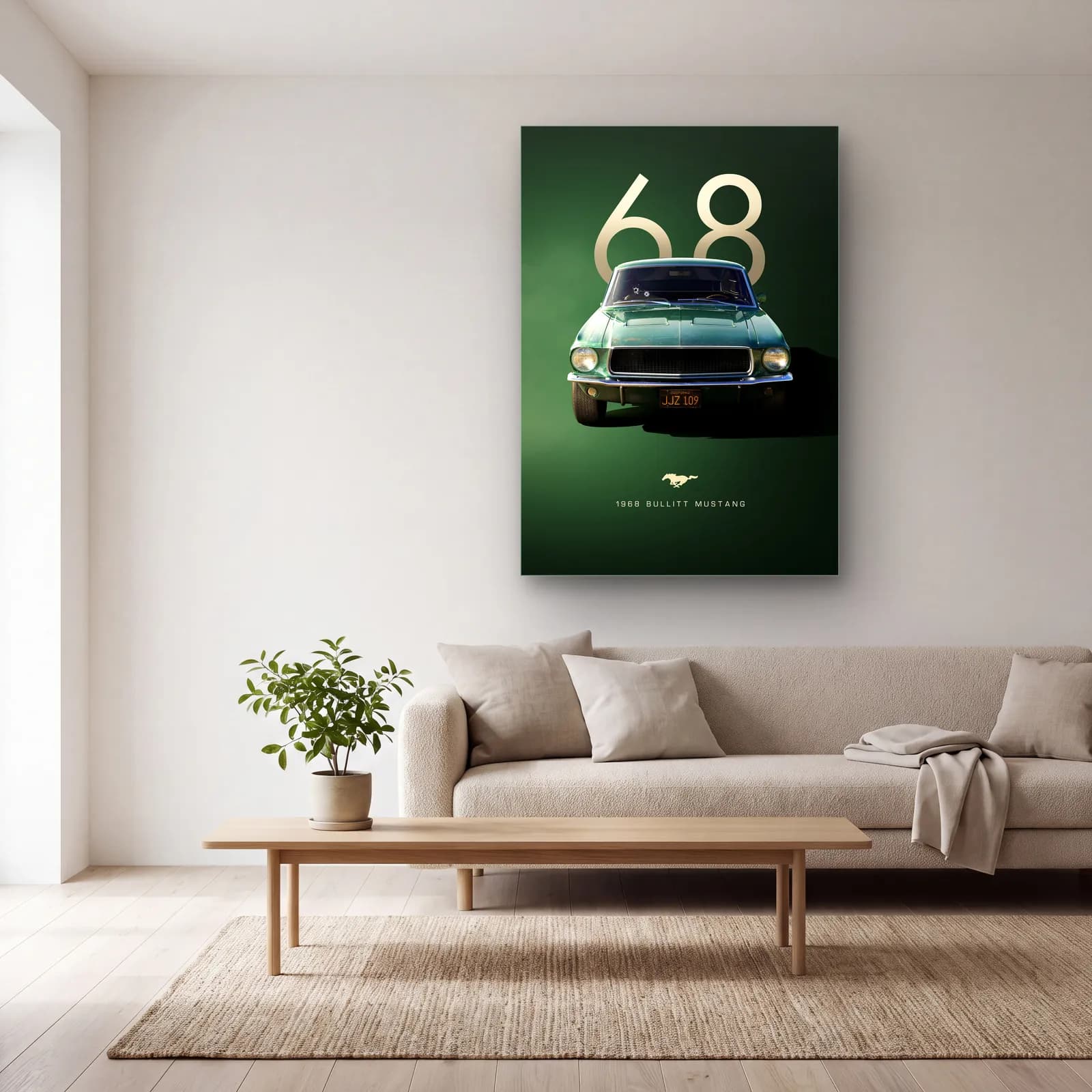 1968 Bullitt Mustang Posteri cam tablo — açık renk salonda