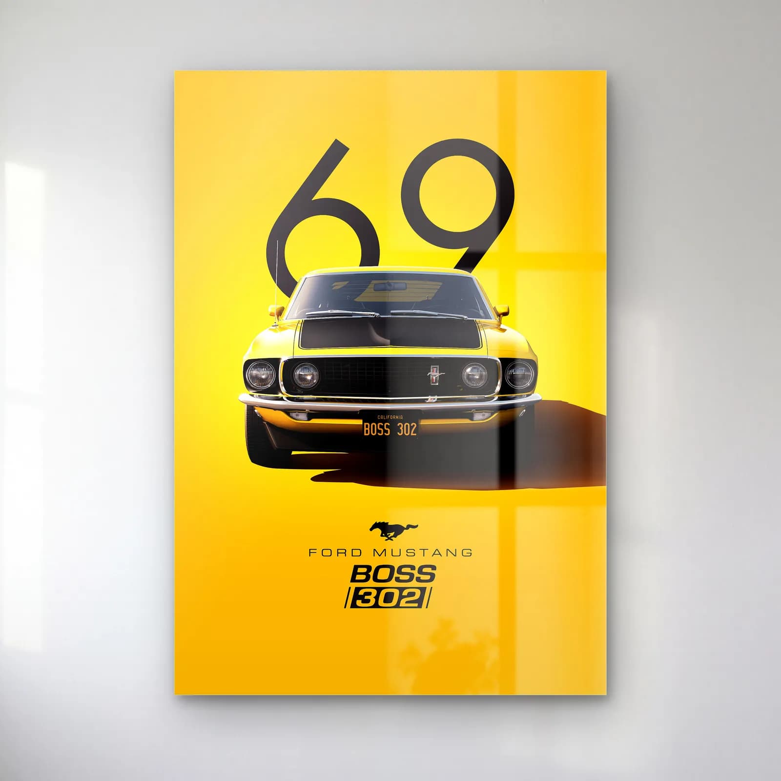 Ford Mustang Boss 302 Posteri cam tablo — Sarı zeminde siyah 69 rakamı önünde sarı siyah Ford Mustang Boss 302
