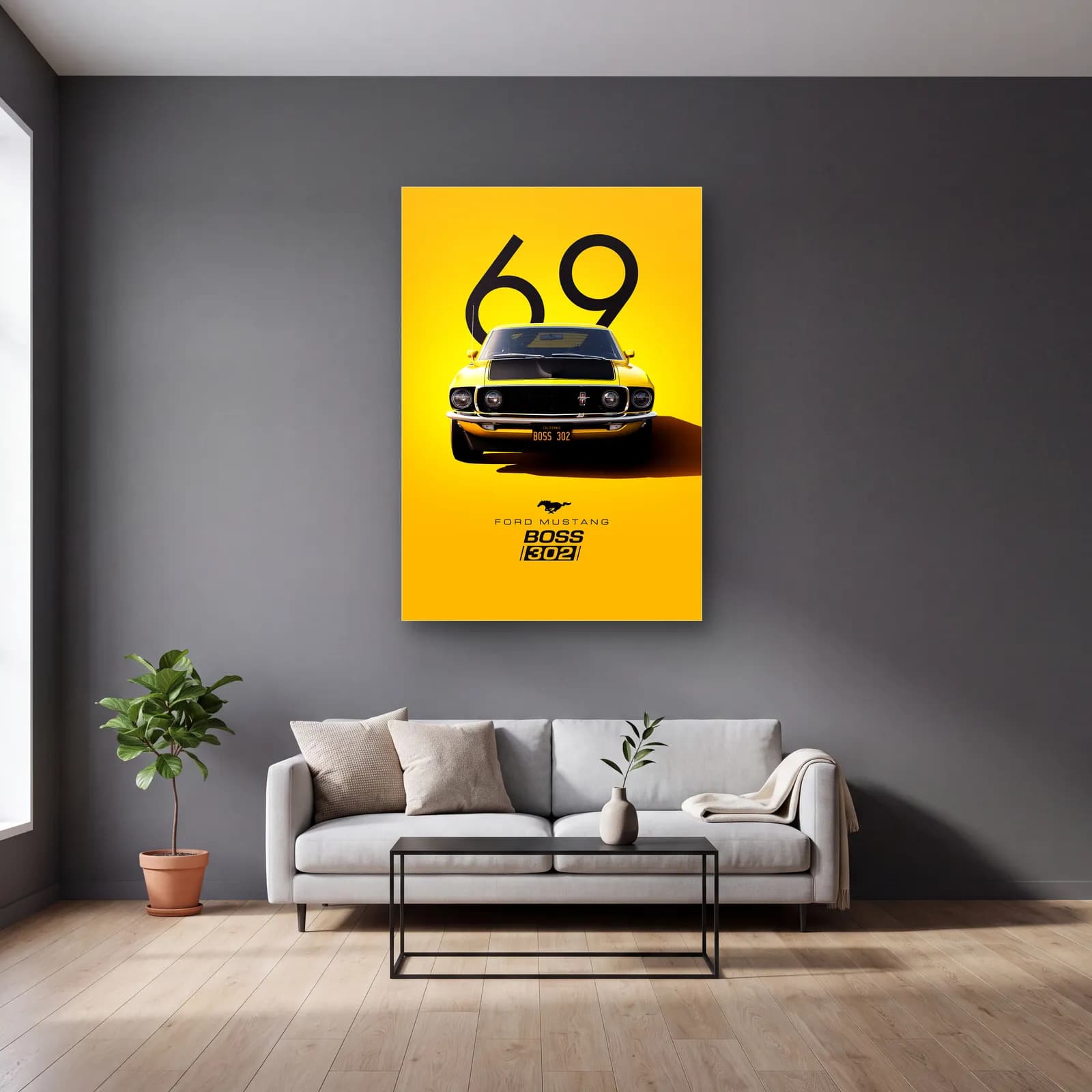Ford Mustang Boss 302 Posteri cam tablo — gri duvarlı salonda