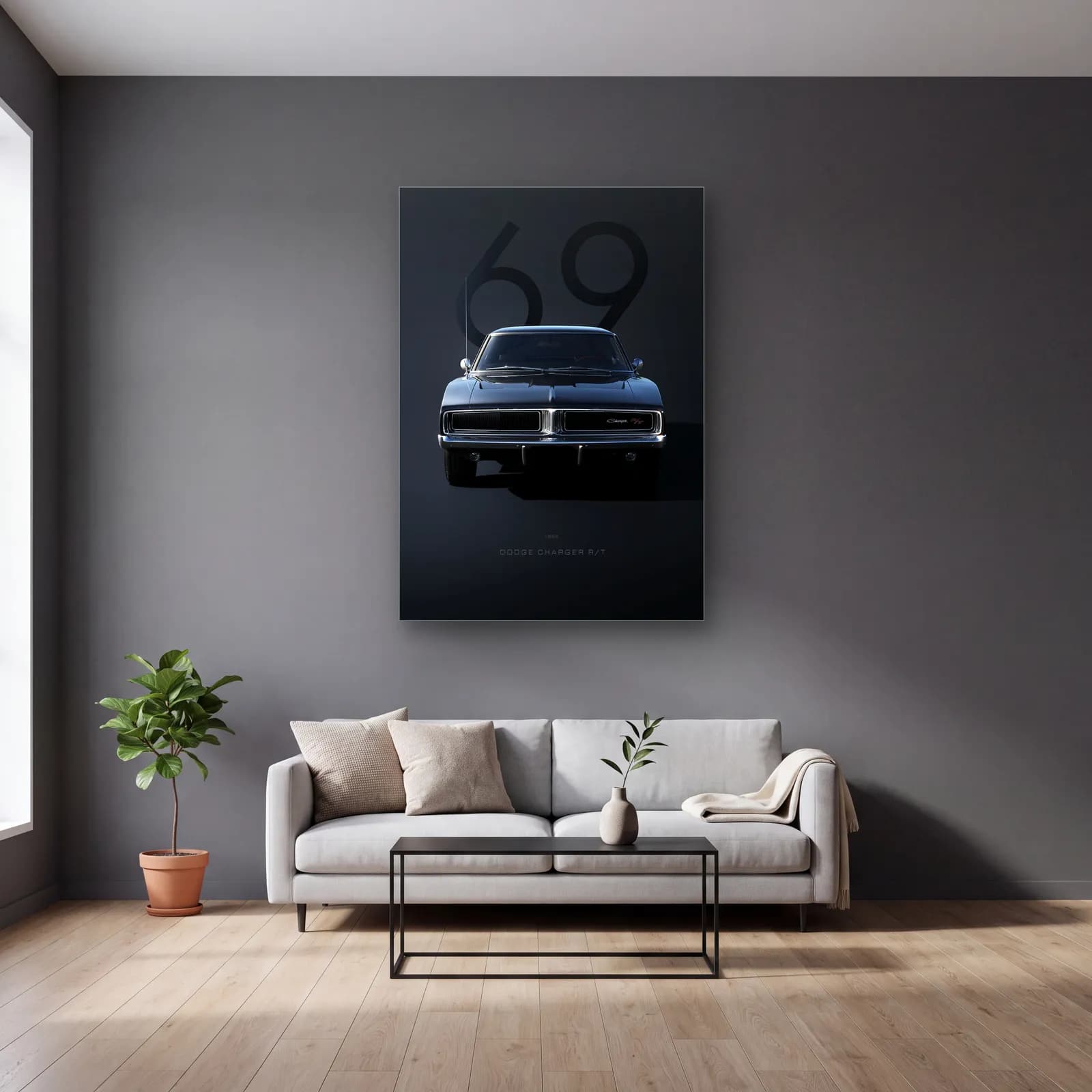 Dodge Charger R/T 1969 Posteri cam tablo — gri duvarlı salonda