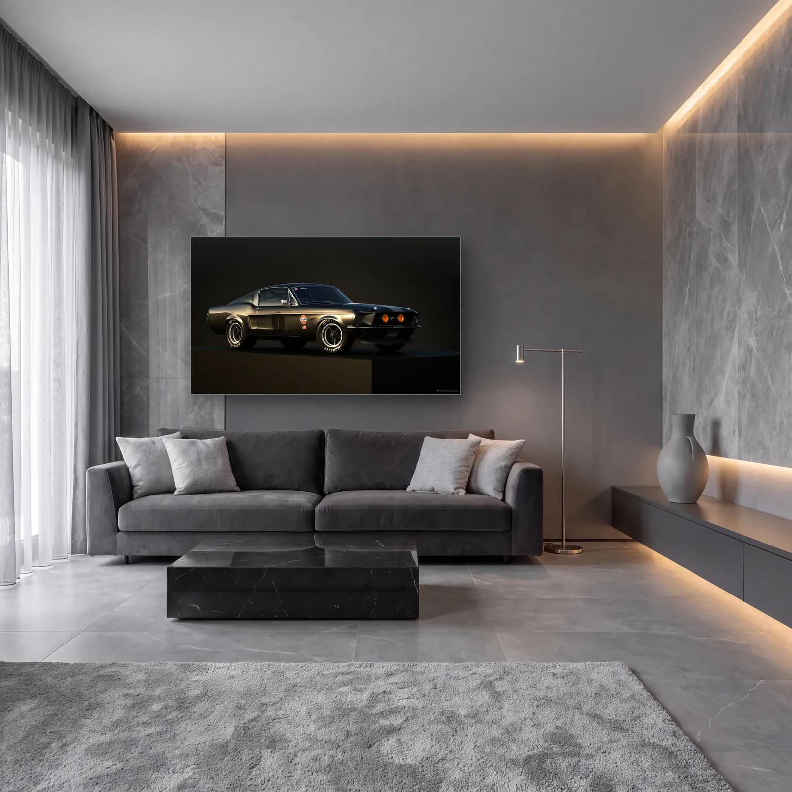 Siyah Klasik Mustang Fastback cam tablo — lüks salon duvarında