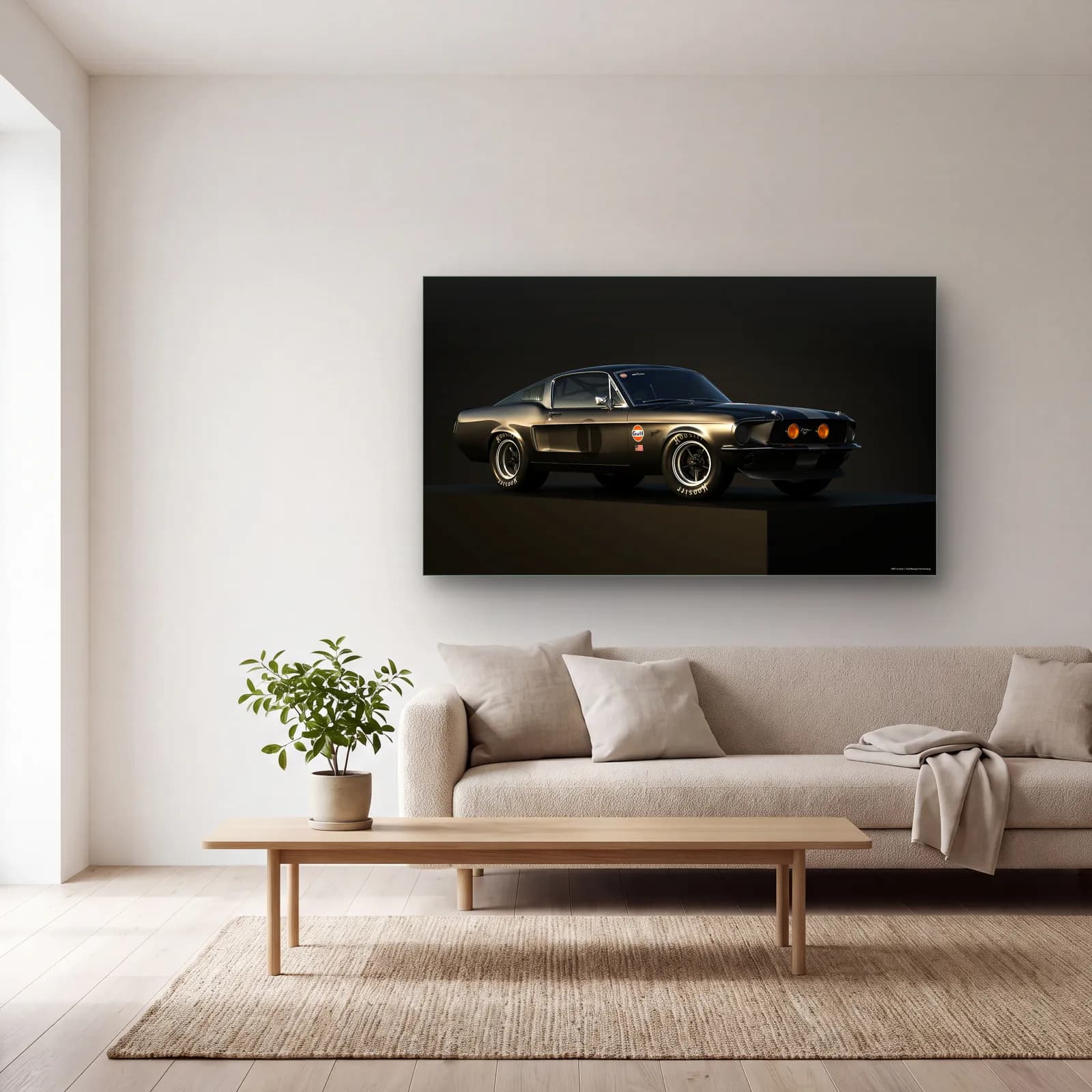 Siyah Klasik Mustang Fastback cam tablo — açık renk salonda