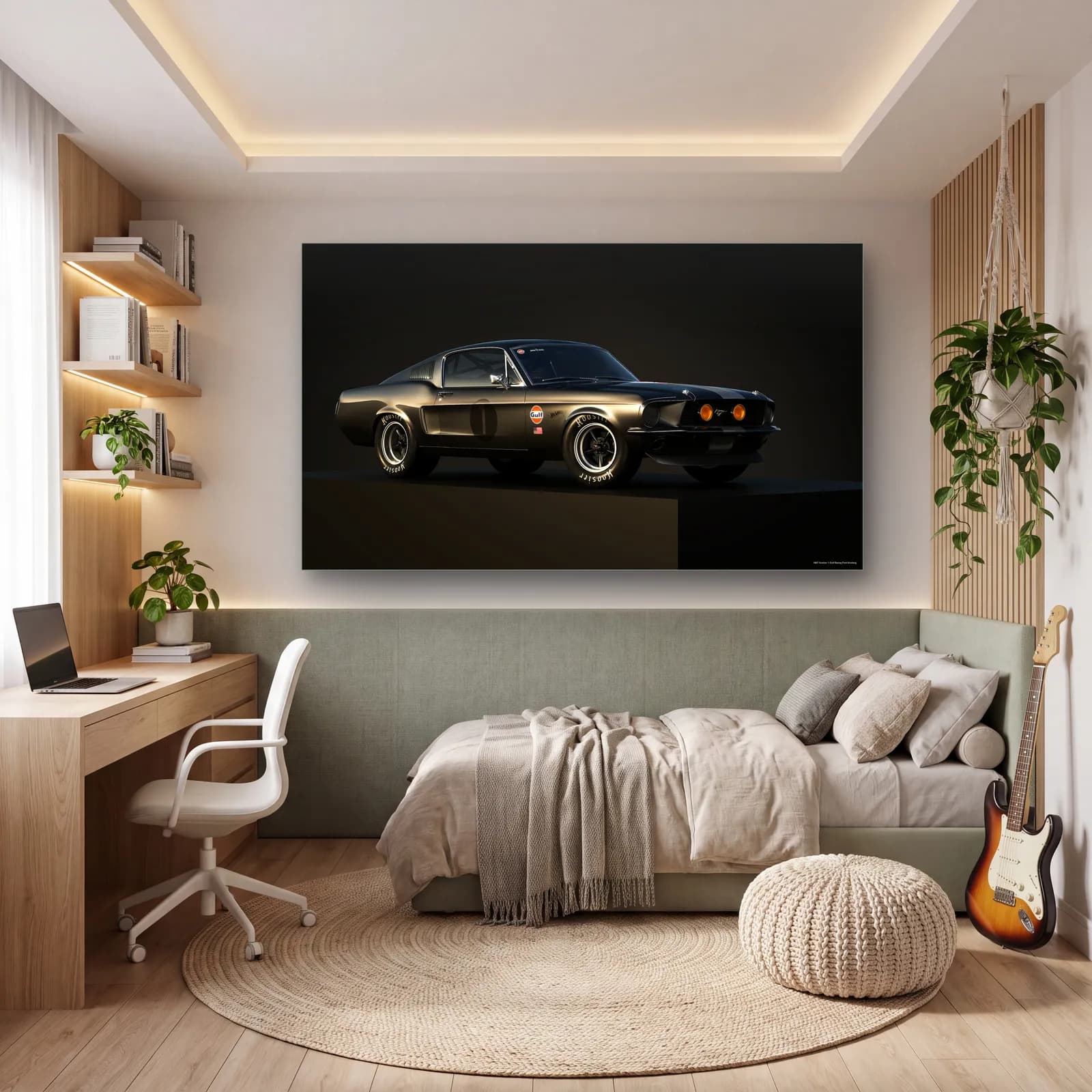 Siyah Klasik Mustang Fastback cam tablo — genç odasında