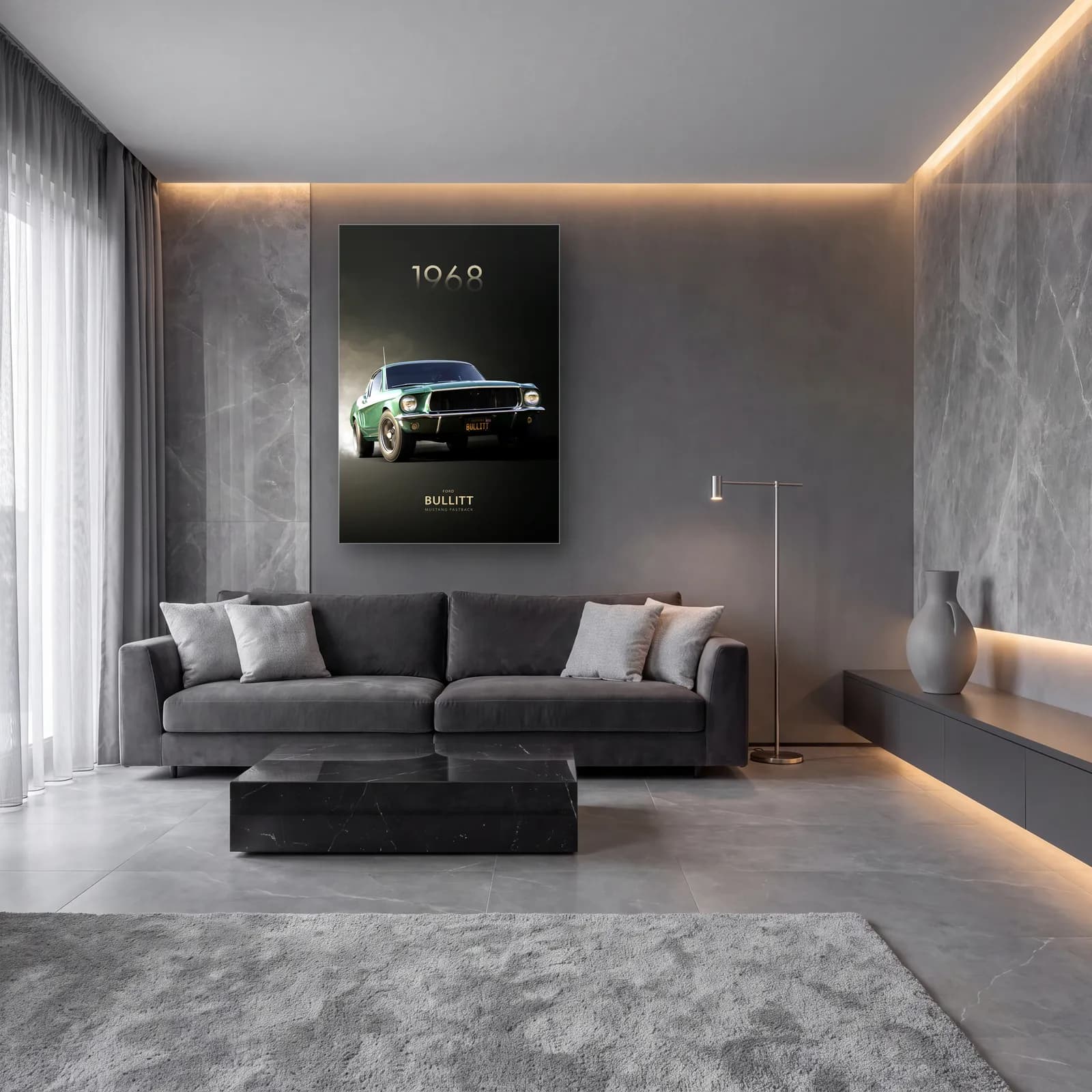 1968 Mustang Bullitt Fastback Posteri cam tablo — lüks salon duvarında