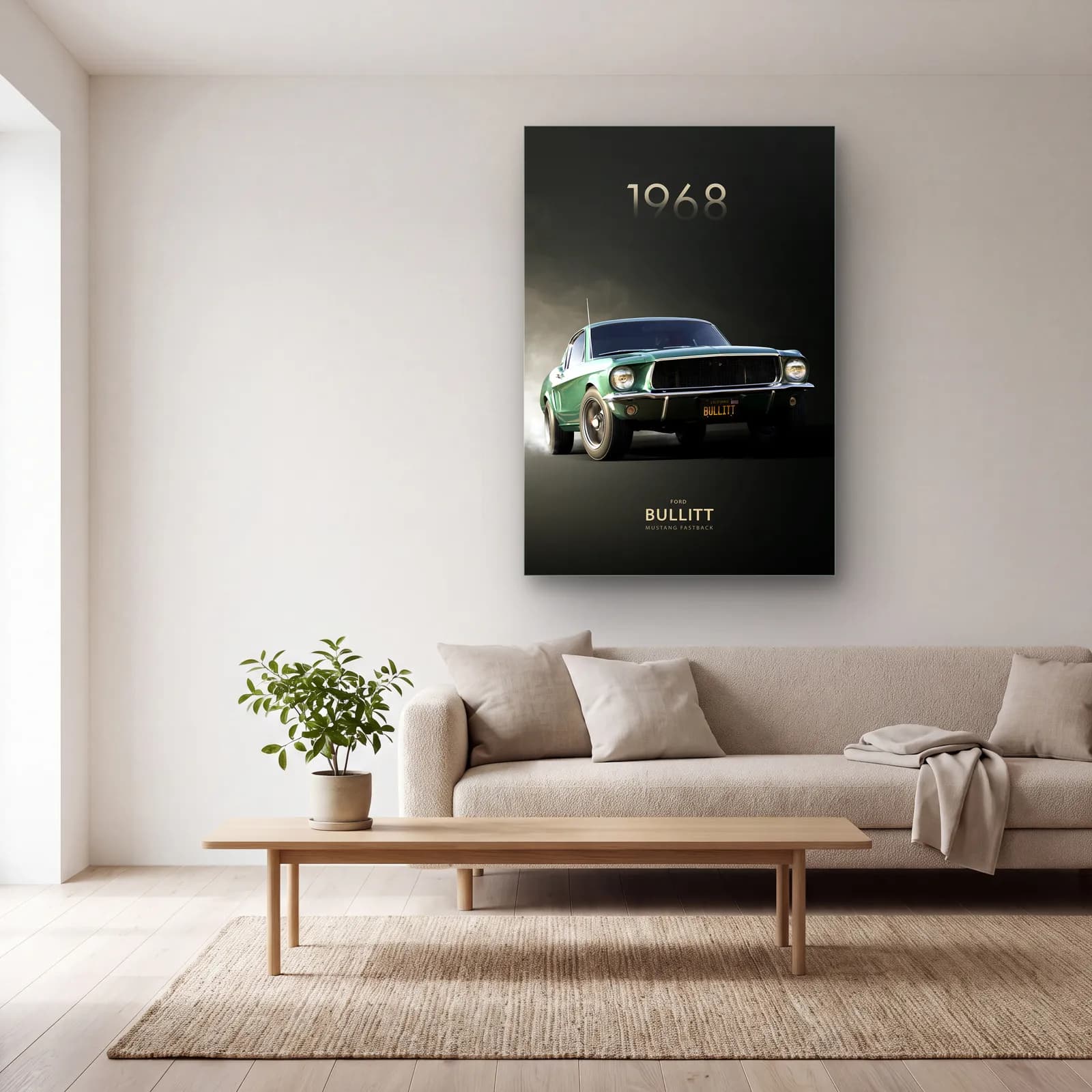 1968 Mustang Bullitt Fastback Posteri cam tablo — açık renk salonda
