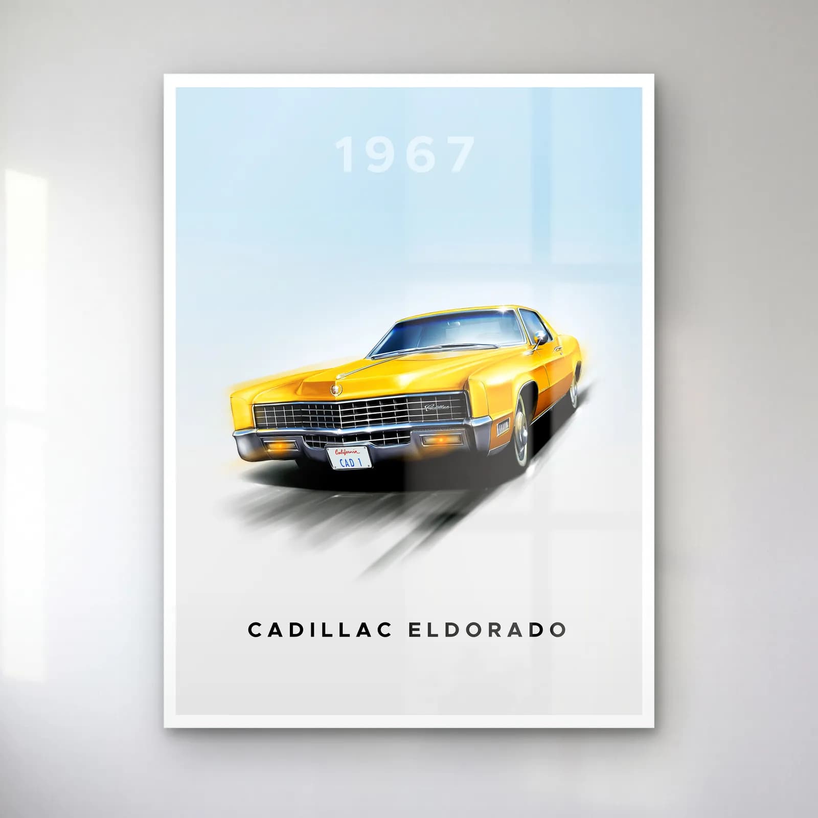 1967 Cadillac Eldorado Posteri cam tablo — Açık mavi zeminde hareket eden sarı 1967 Cadillac Eldorado