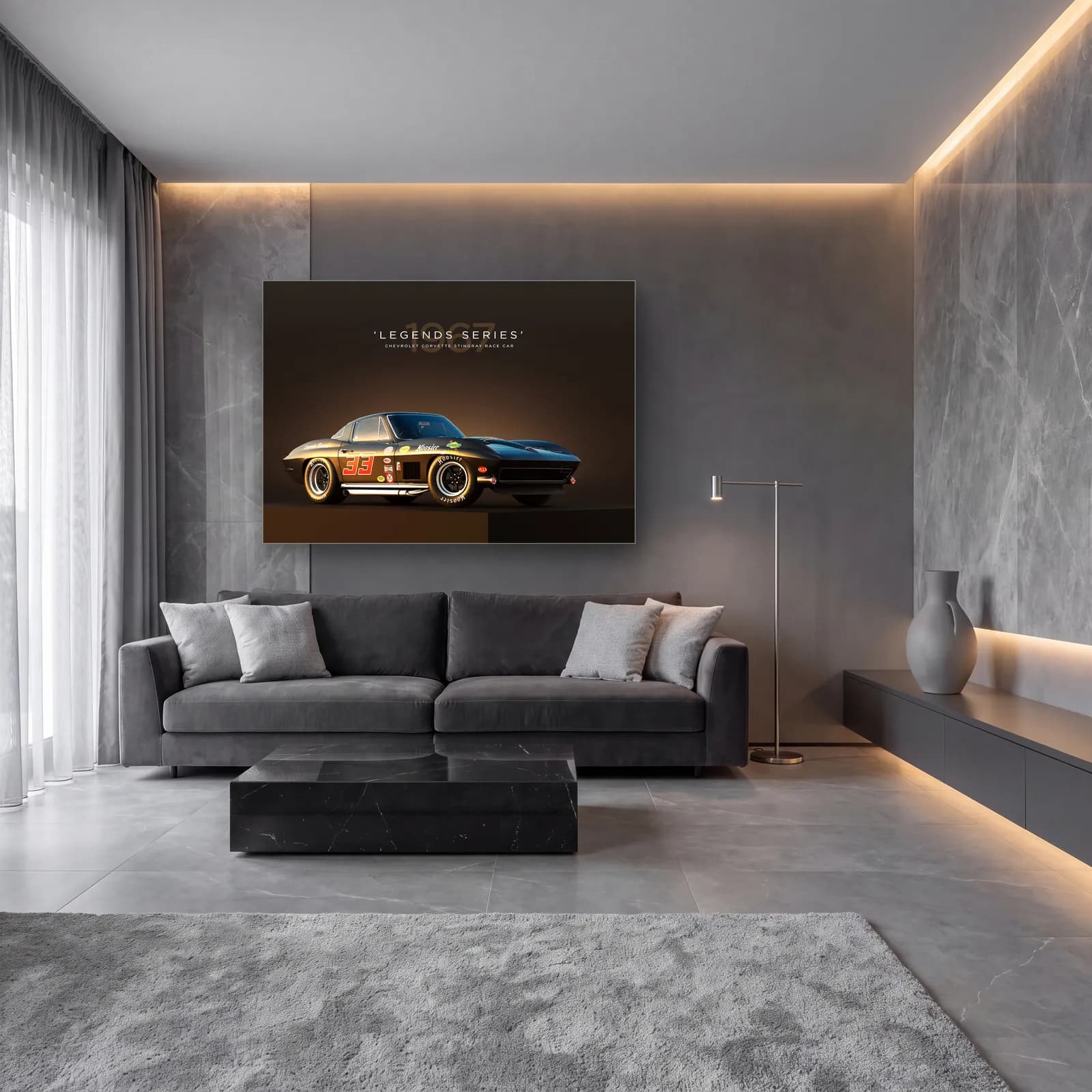Corvette Stingray Yarış Arabası Posteri cam tablo — lüks salon duvarında
