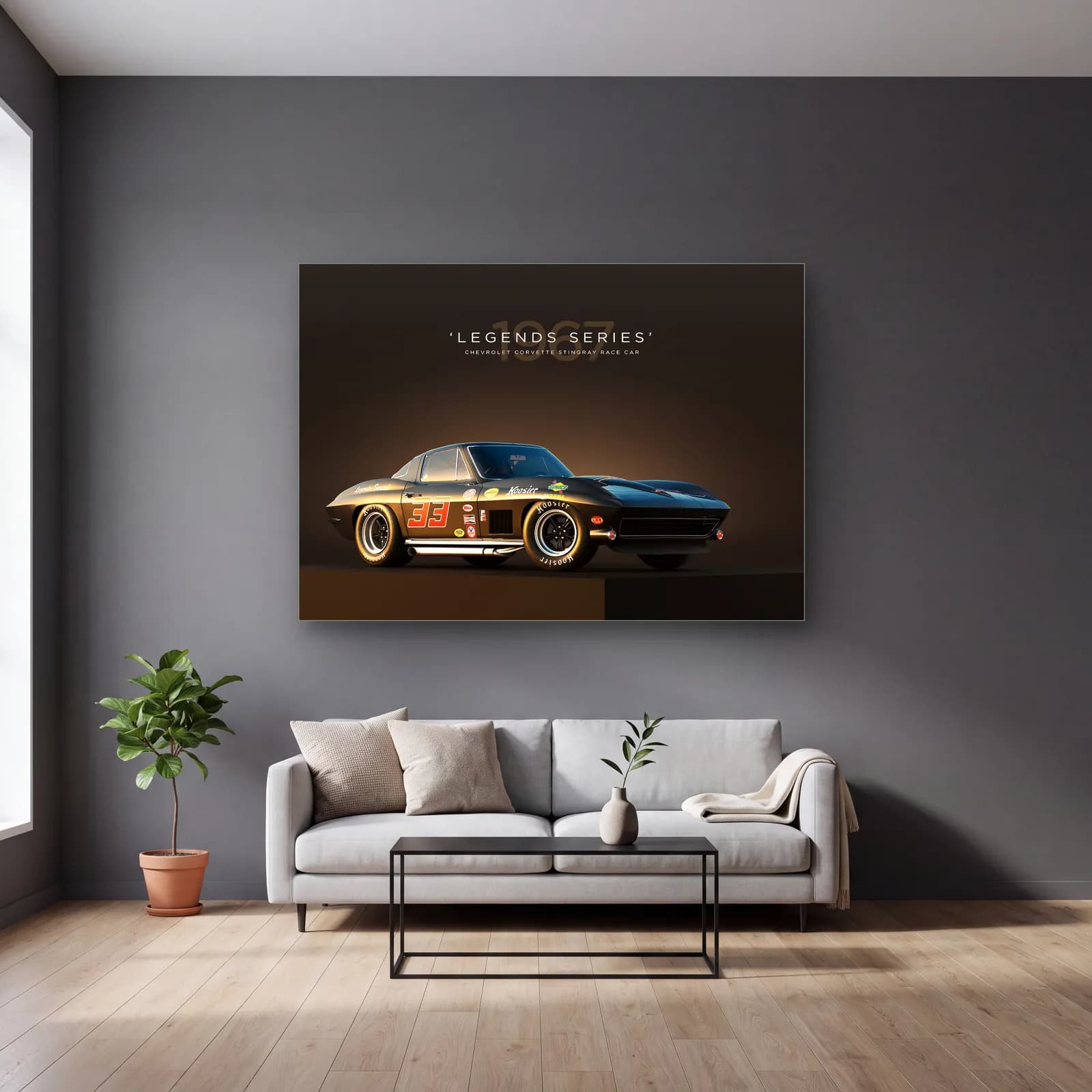 Corvette Stingray Yarış Arabası Posteri cam tablo — gri duvarlı salonda