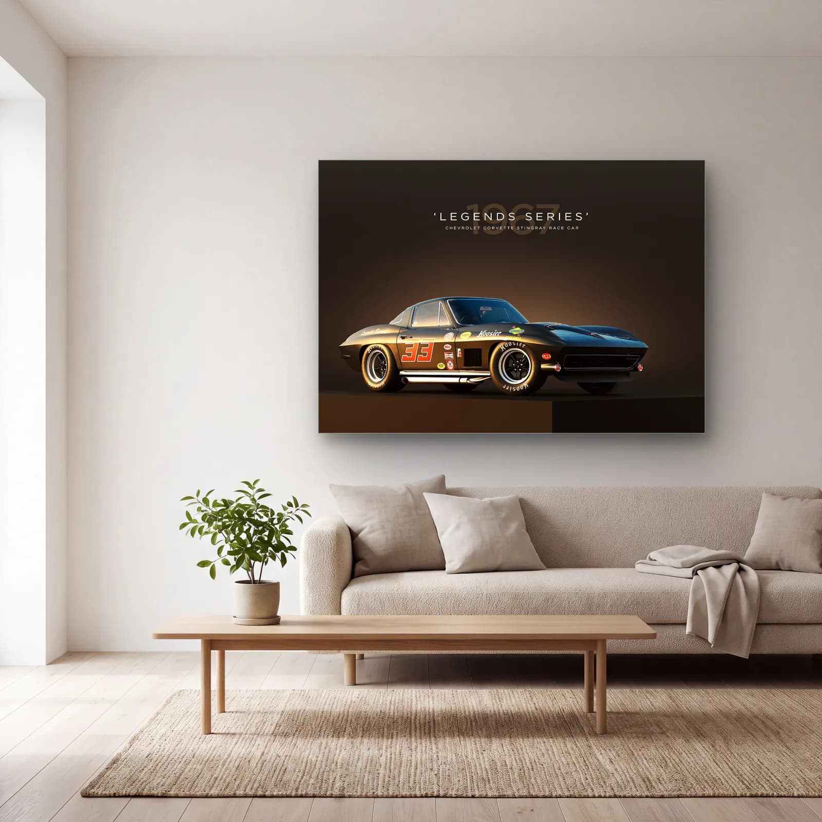 Corvette Stingray Yarış Arabası Posteri cam tablo — açık renk salonda
