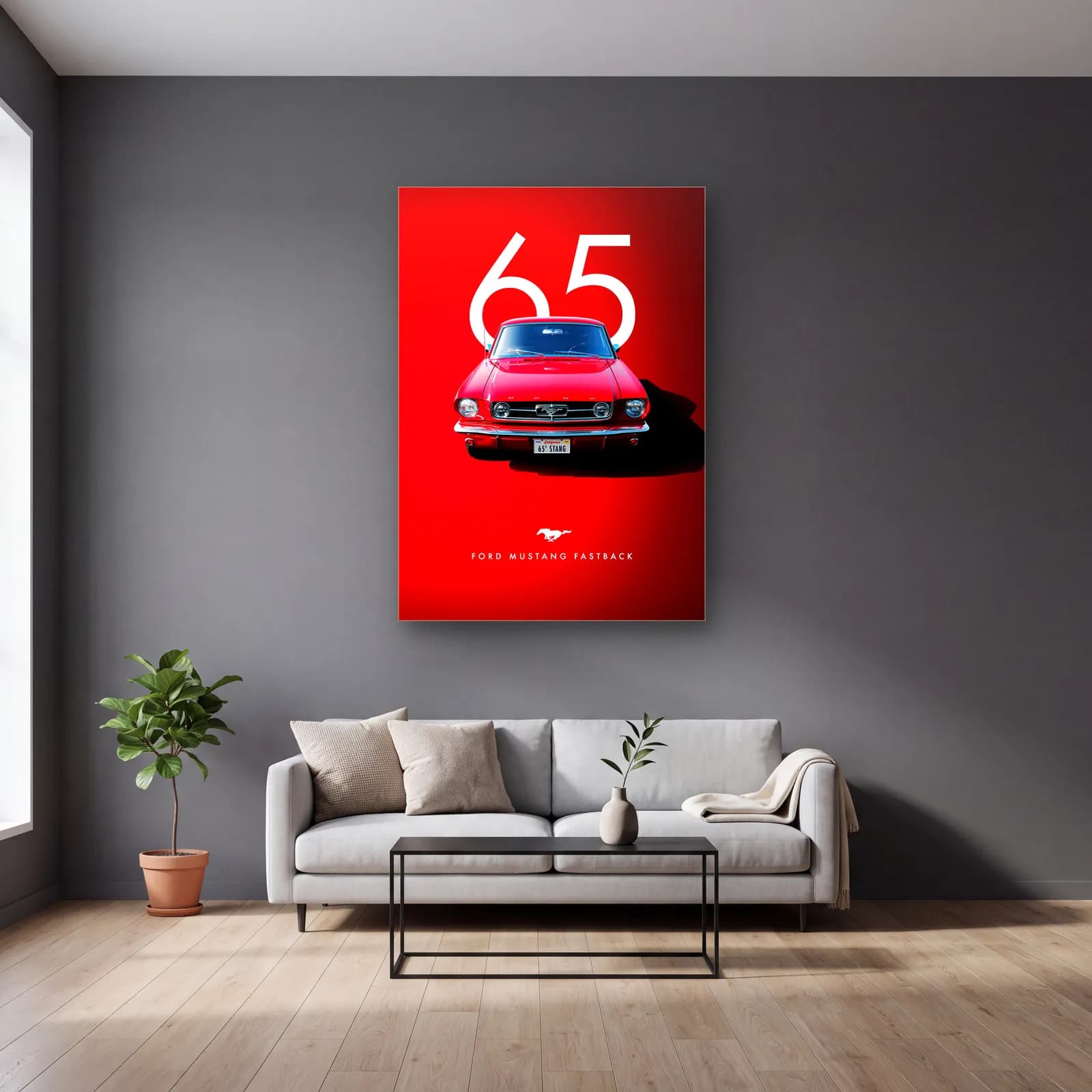 Ford Mustang Fastback 65 Posteri cam tablo — gri duvarlı salonda
