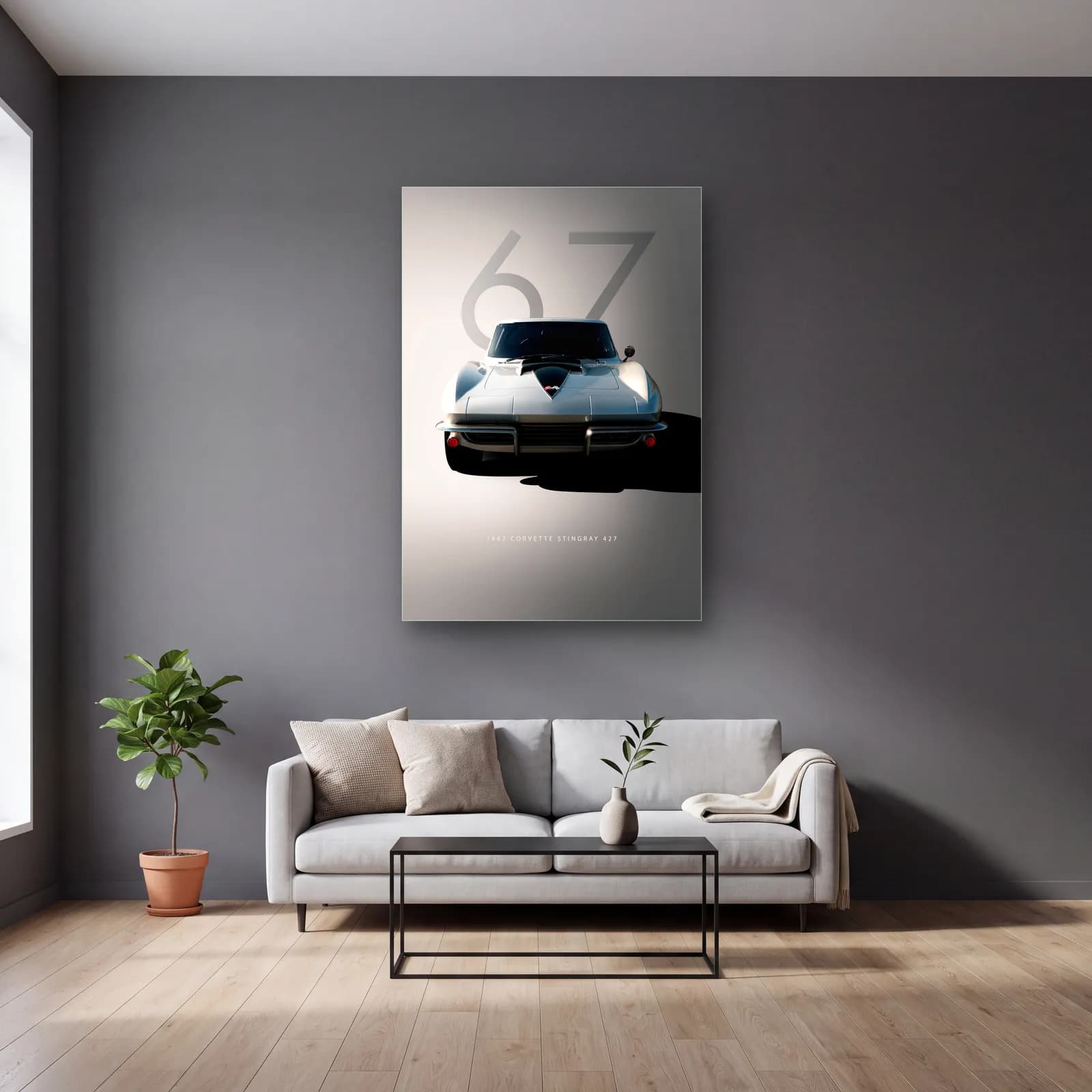 1967 Corvette Stingray Posteri cam tablo — gri duvarlı salonda