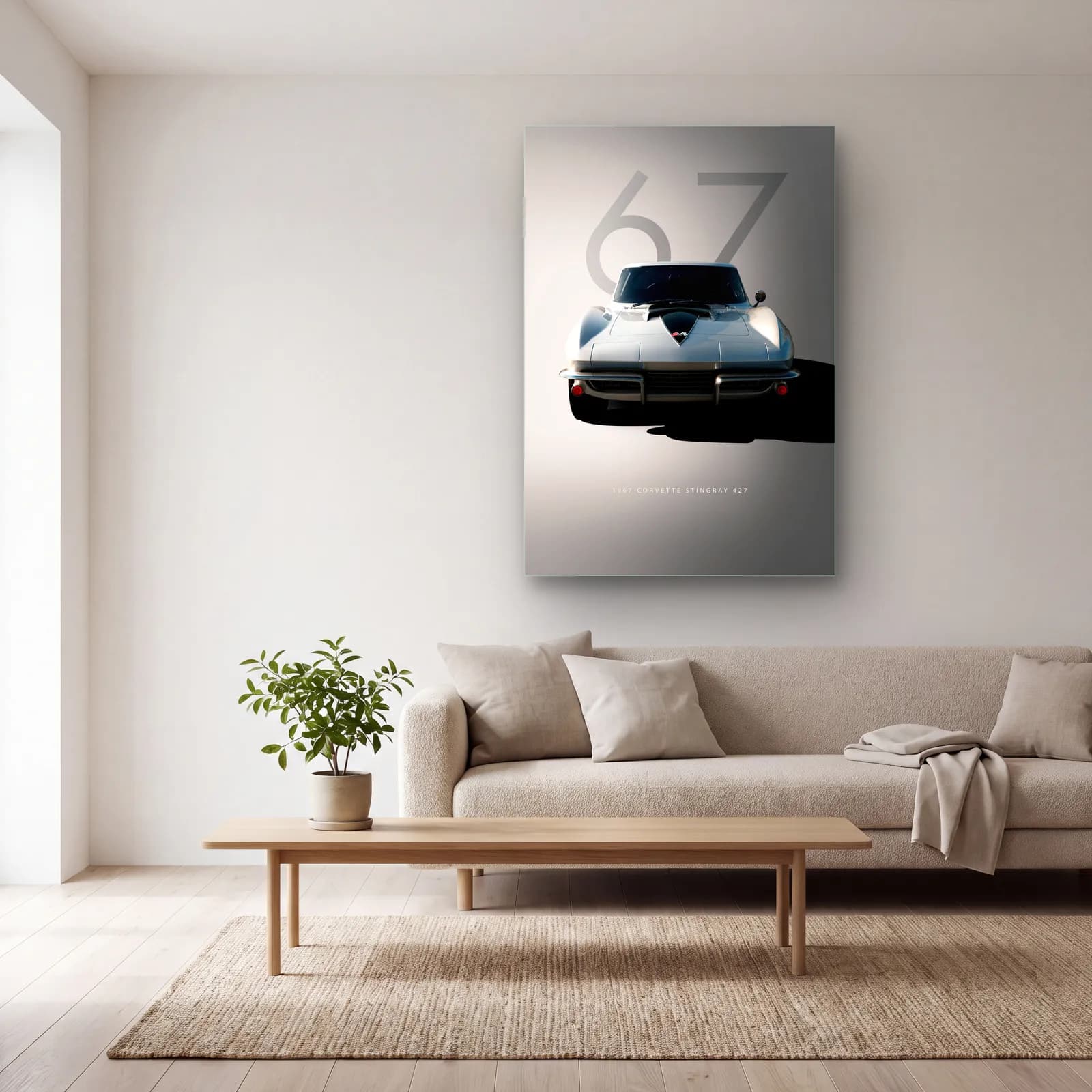 1967 Corvette Stingray Posteri cam tablo — açık renk salonda
