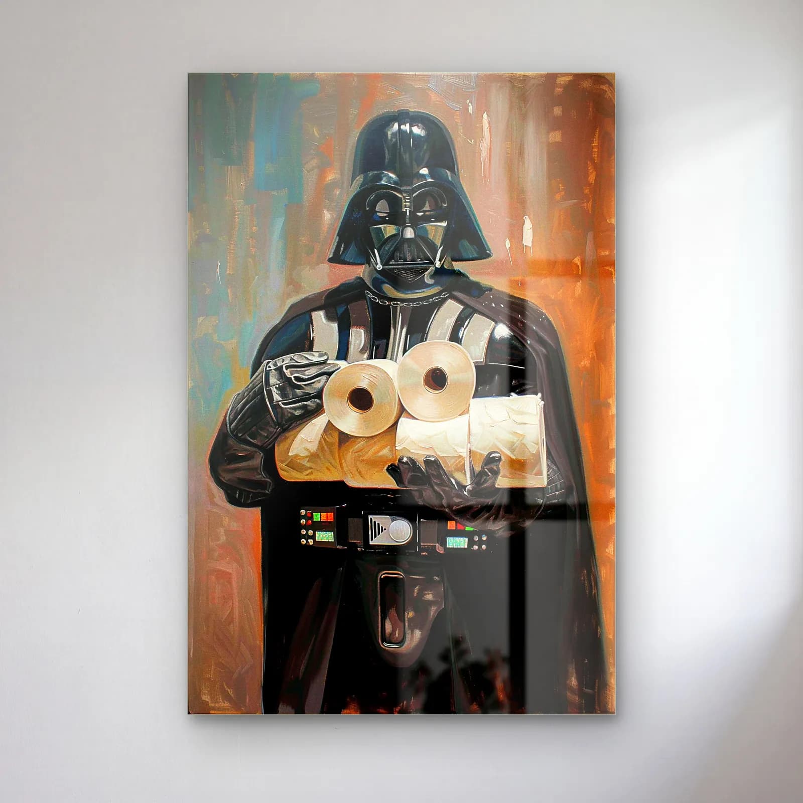Darth Vader Tuvalet Kâğıdı cam tablo — Kollarında tuvalet kâğıdı ruloları taşıyan Darth Vader yağlı boya parodisi
