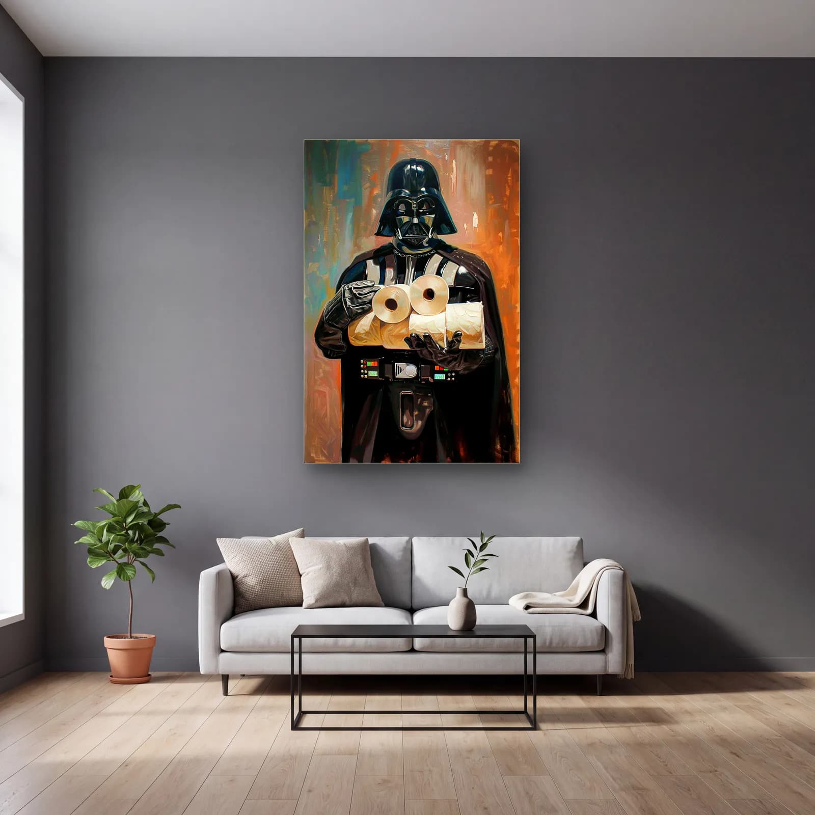 Darth Vader Tuvalet Kâğıdı cam tablo — gri duvarlı salonda