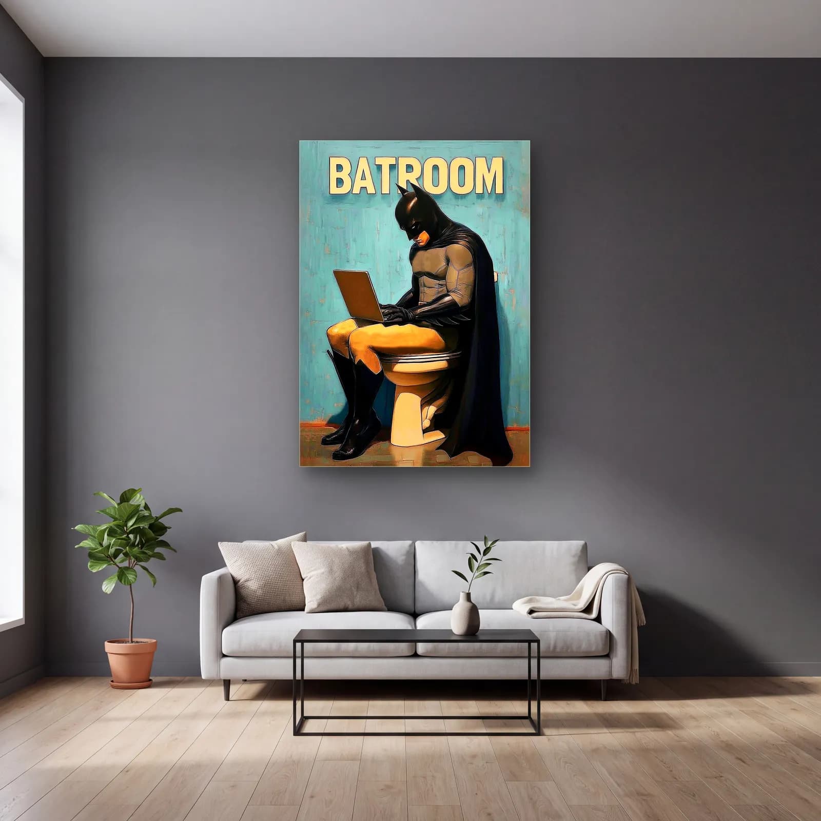 Batman Batroom Tuvalet cam tablo — gri duvarlı salonda