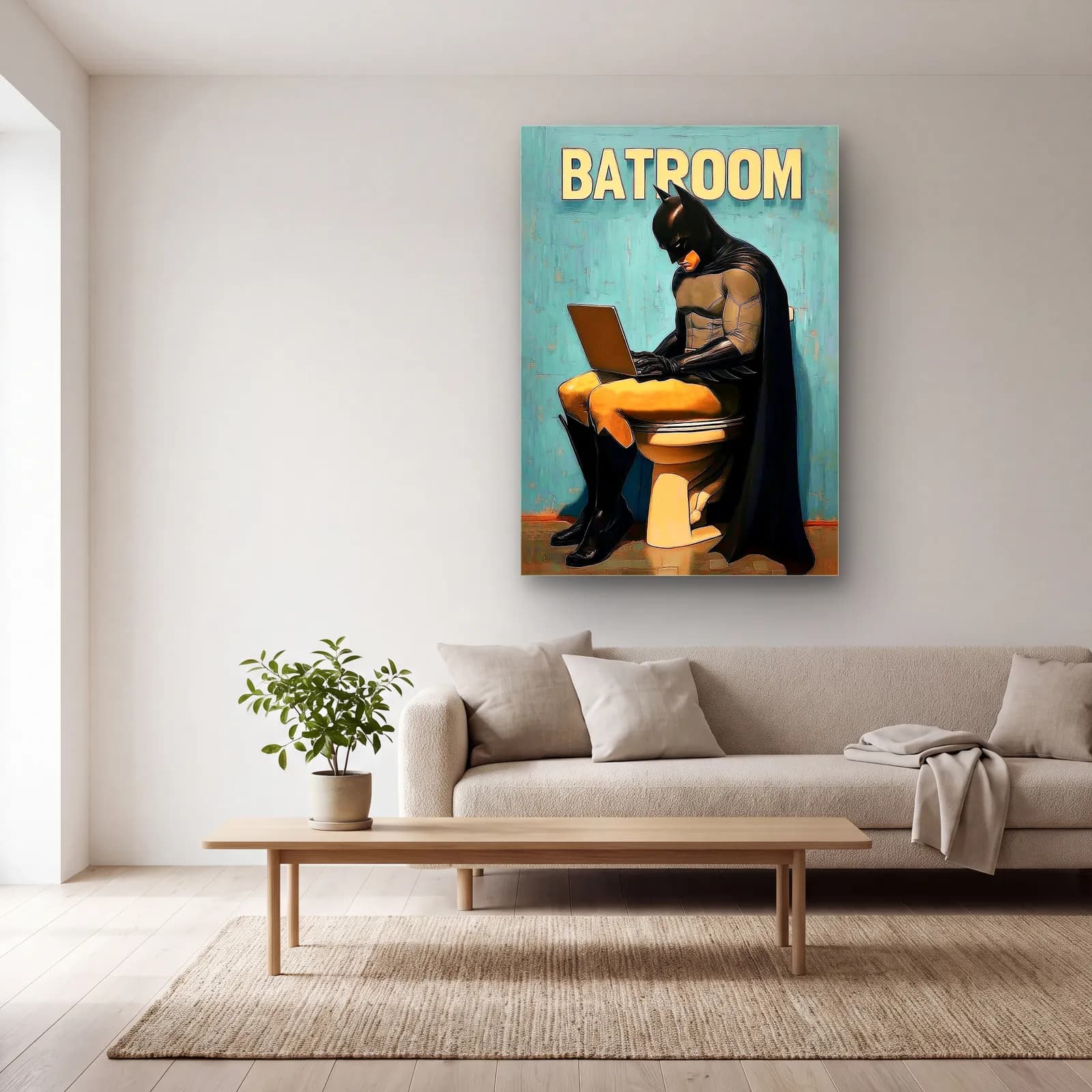 Batman Batroom Tuvalet cam tablo — açık renk salonda