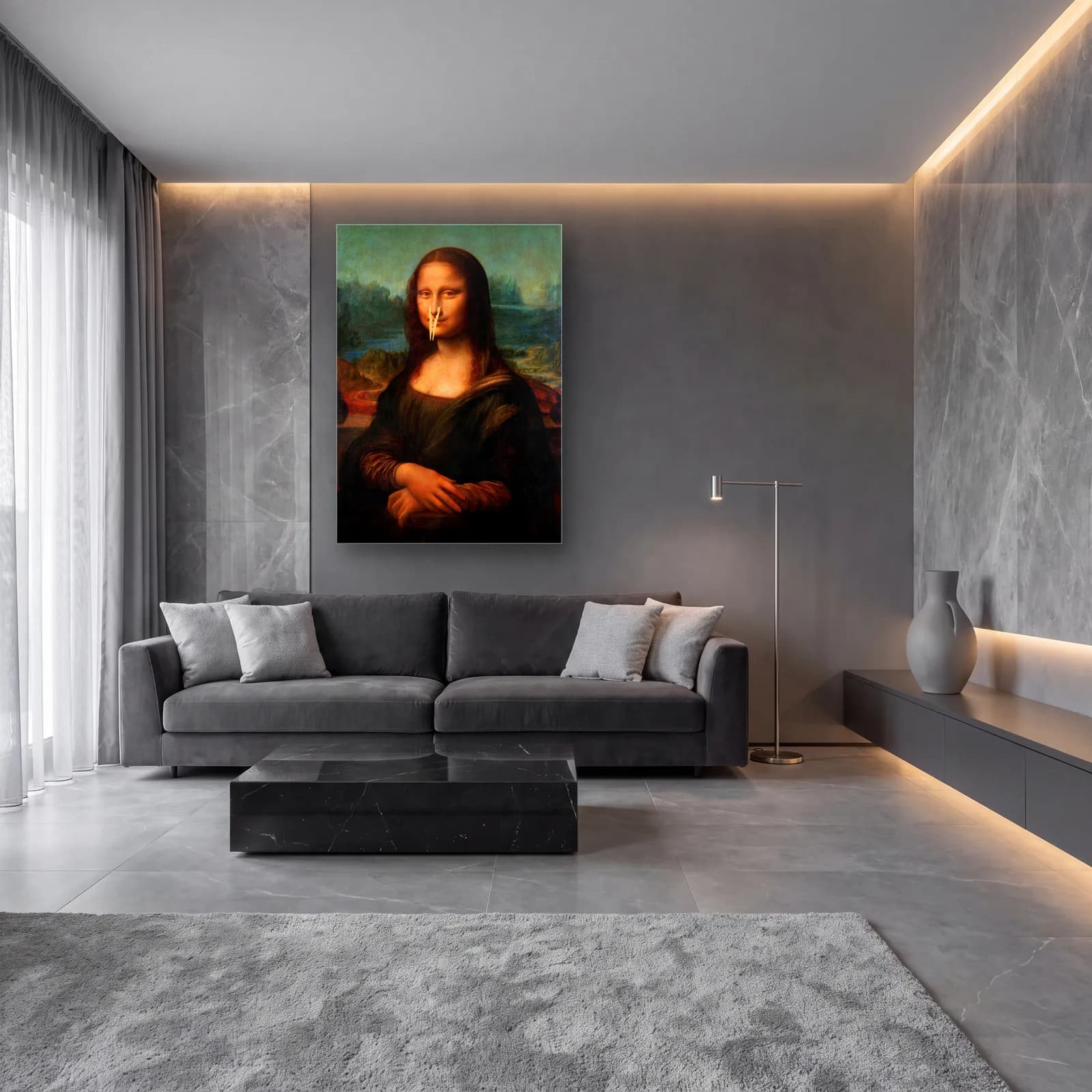 Mandallı Mona Lisa cam tablo — lüks salon duvarında