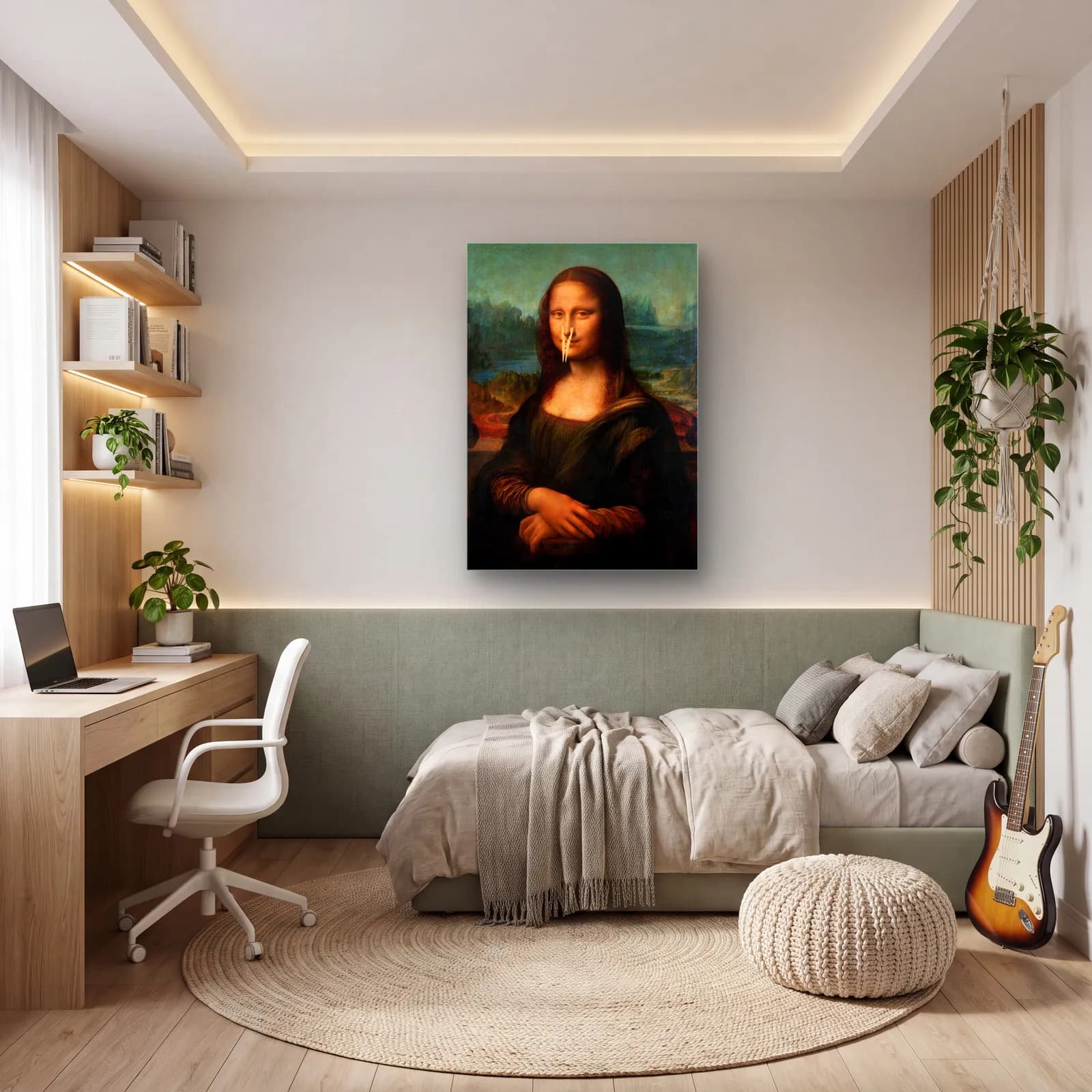 Mandallı Mona Lisa cam tablo — genç odasında