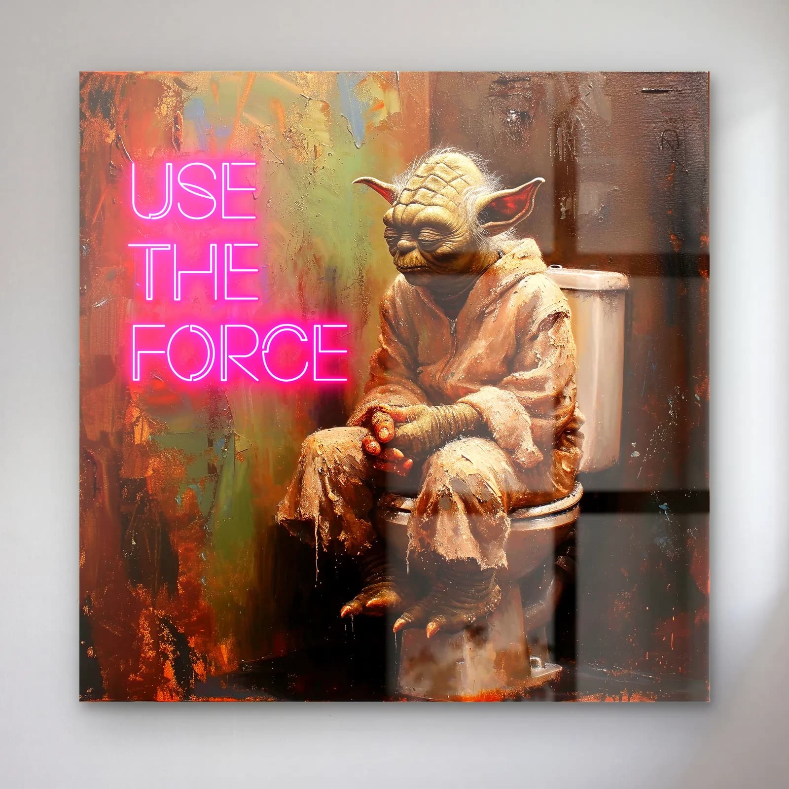 Yoda Use The Force Tuvalet cam tablo — Klozette oturan Yoda ve pembe neon Use The Force yazısı