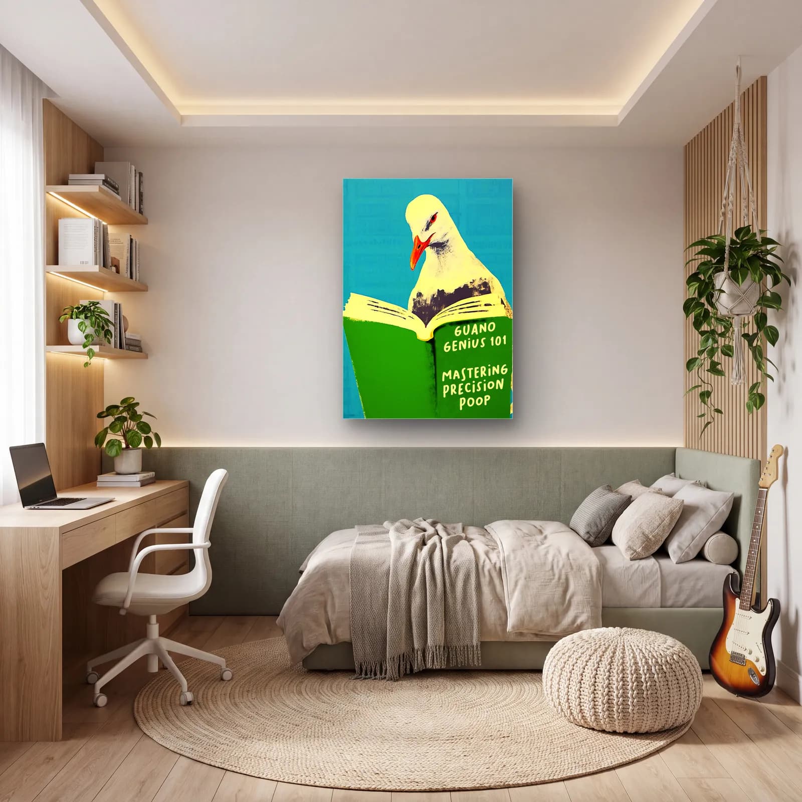 Guano Genius Kitap Okuyan Güvercin cam tablo — genç odasında