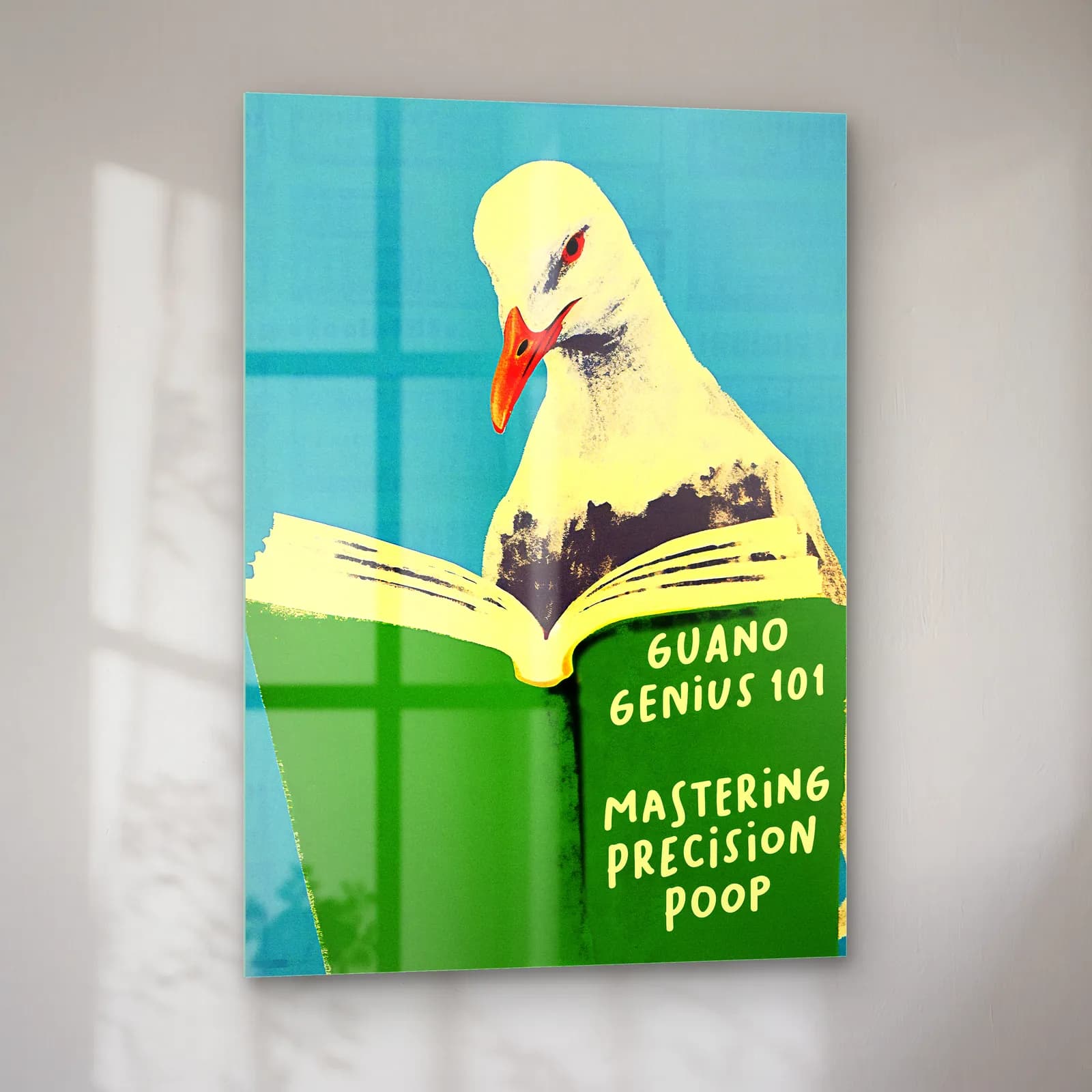 Guano Genius Kitap Okuyan Güvercin cam tablo — sol açıdan görünüm
