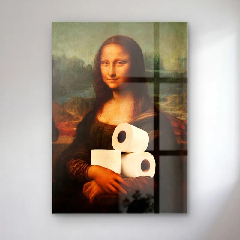 Tuvalet Kâğıtlı Mona Lisa cam tablo — Ellerinde tuvalet kâğıdı ruloları tutan Mona Lisa parodisi