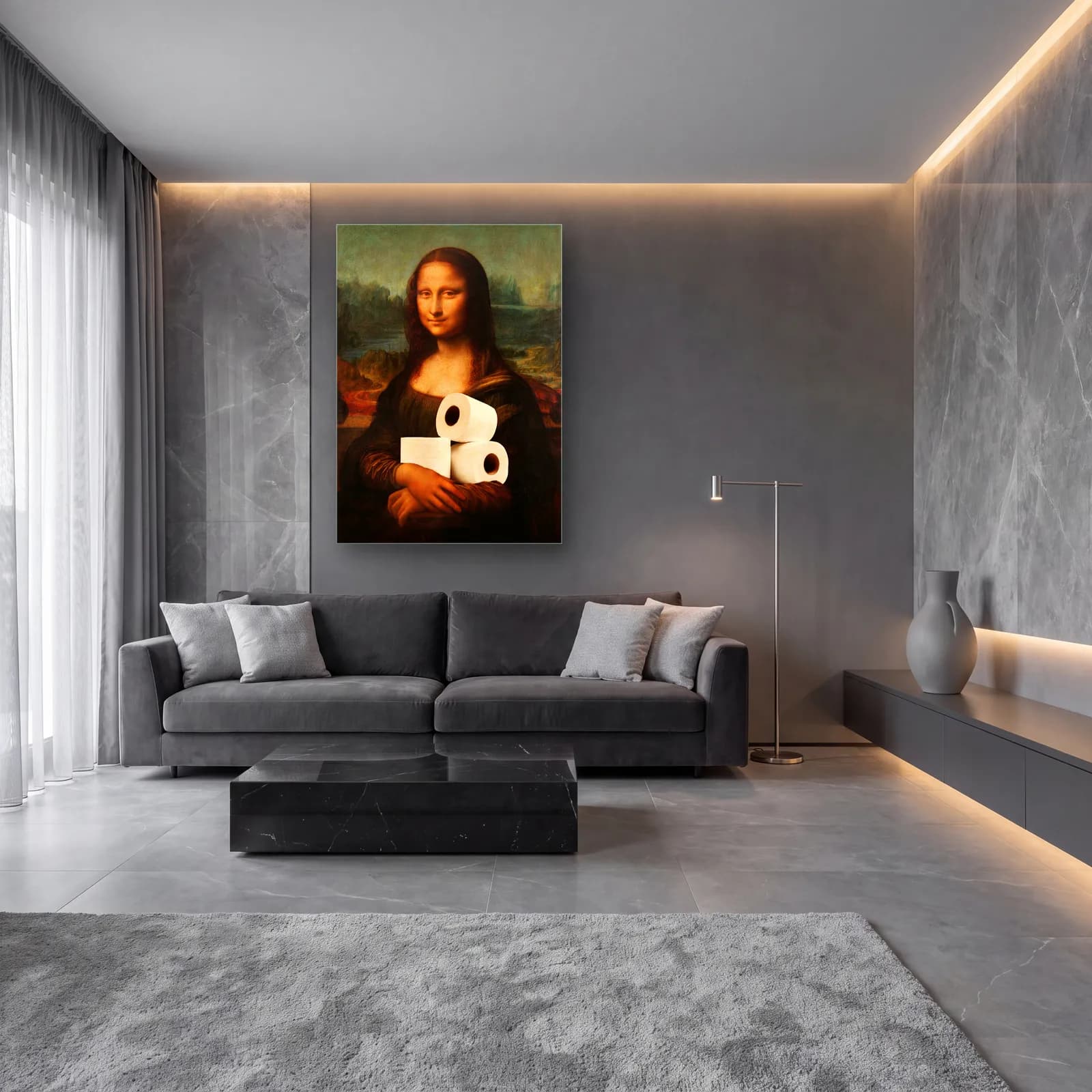 Tuvalet Kâğıtlı Mona Lisa cam tablo — lüks salon duvarında