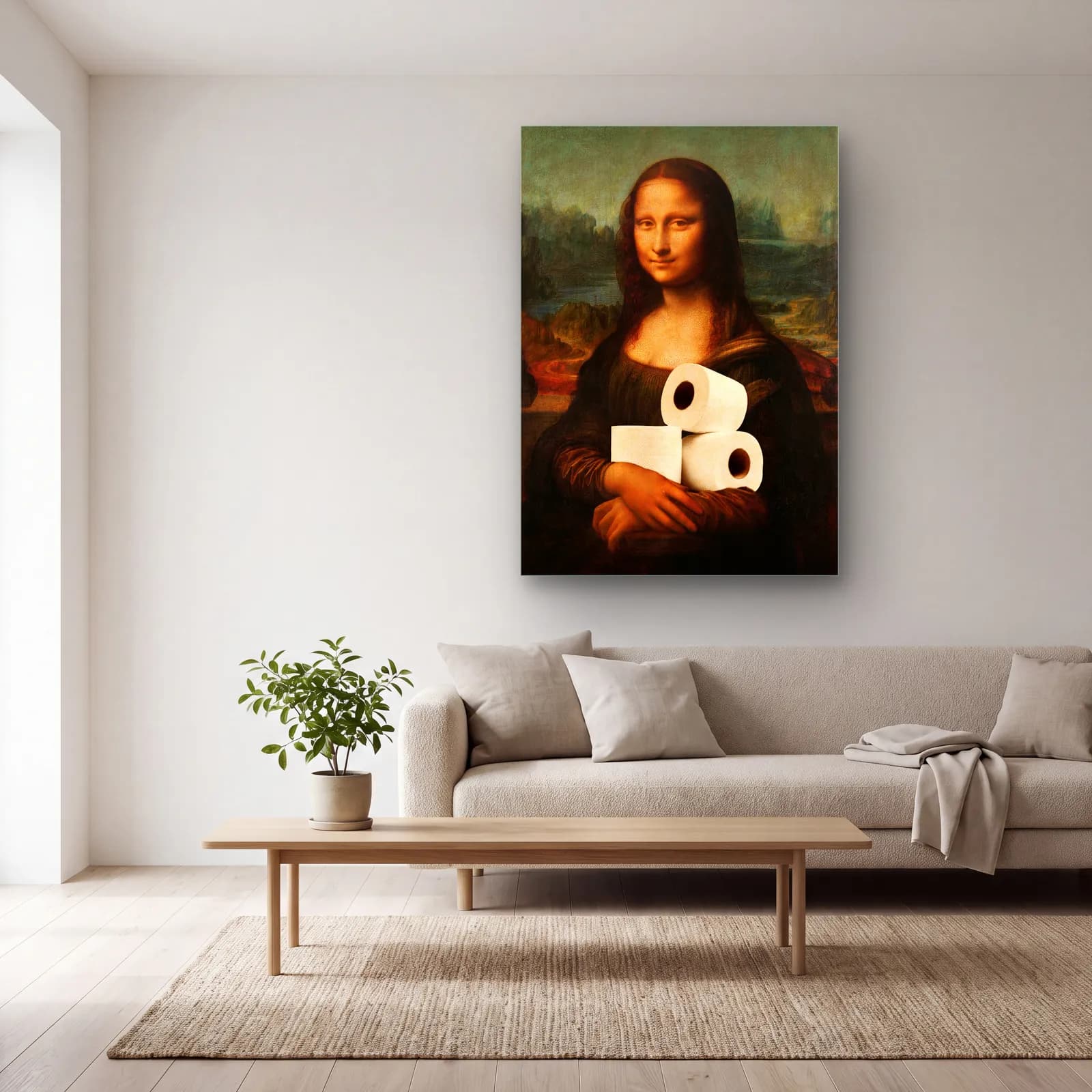 Tuvalet Kâğıtlı Mona Lisa cam tablo — açık renk salonda