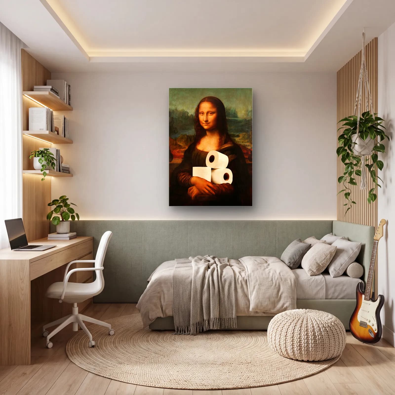 Tuvalet Kâğıtlı Mona Lisa cam tablo — genç odasında