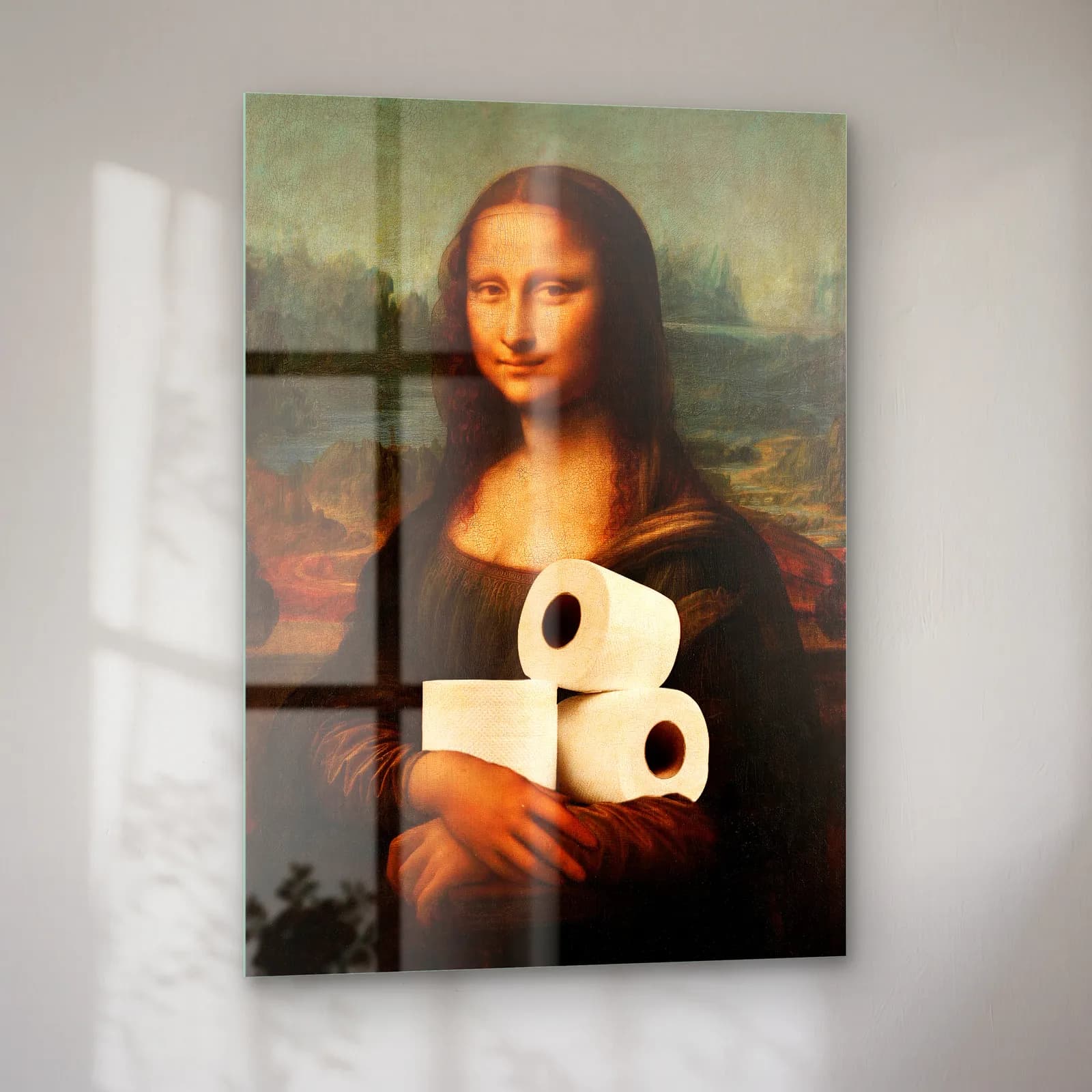 Tuvalet Kâğıtlı Mona Lisa cam tablo — sol açıdan görünüm