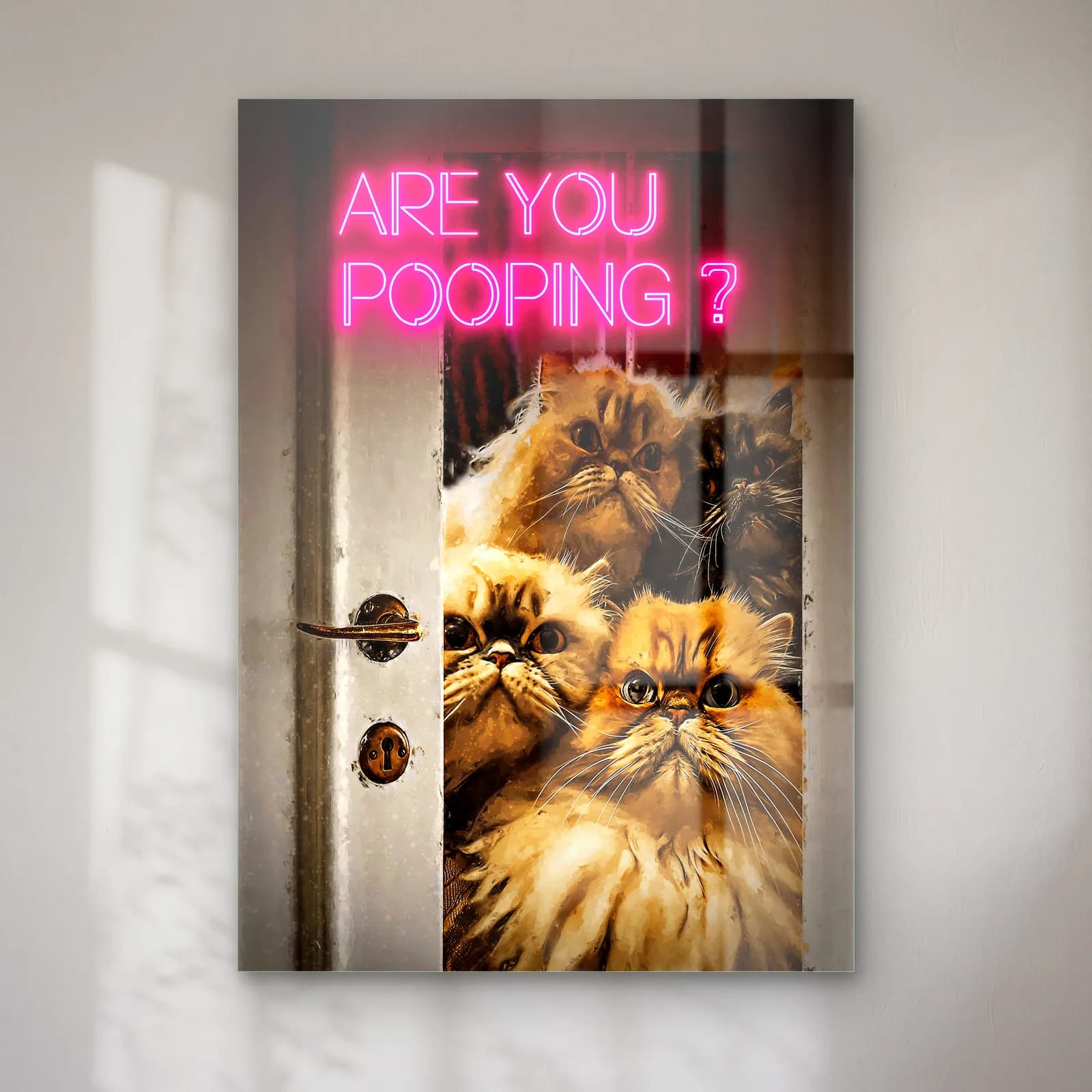 Are You Pooping Kediler cam tablo — Kapı aralığından bakan iran kedileri ve pembe neon Are You Pooping yazısı