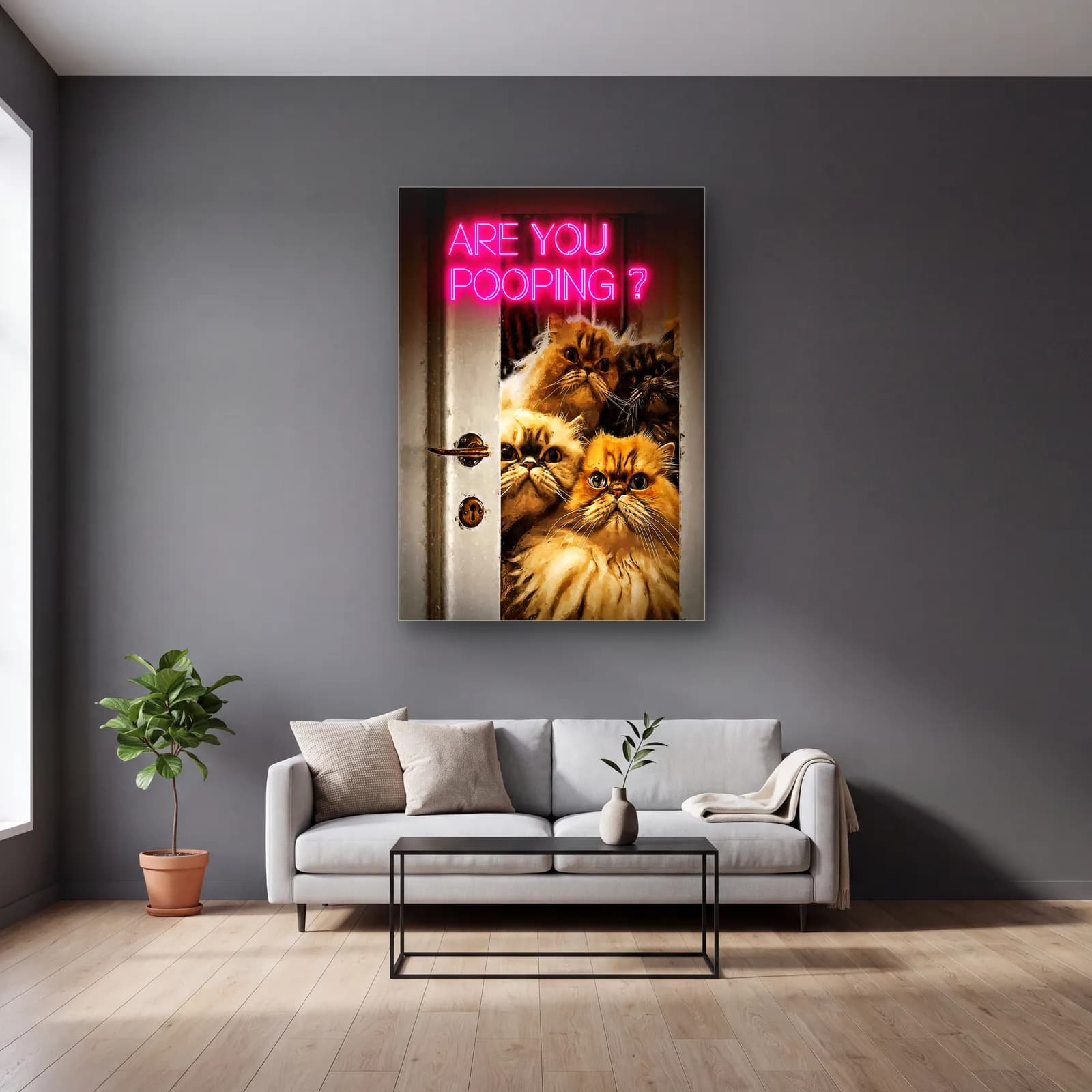 Are You Pooping Kediler cam tablo — gri duvarlı salonda