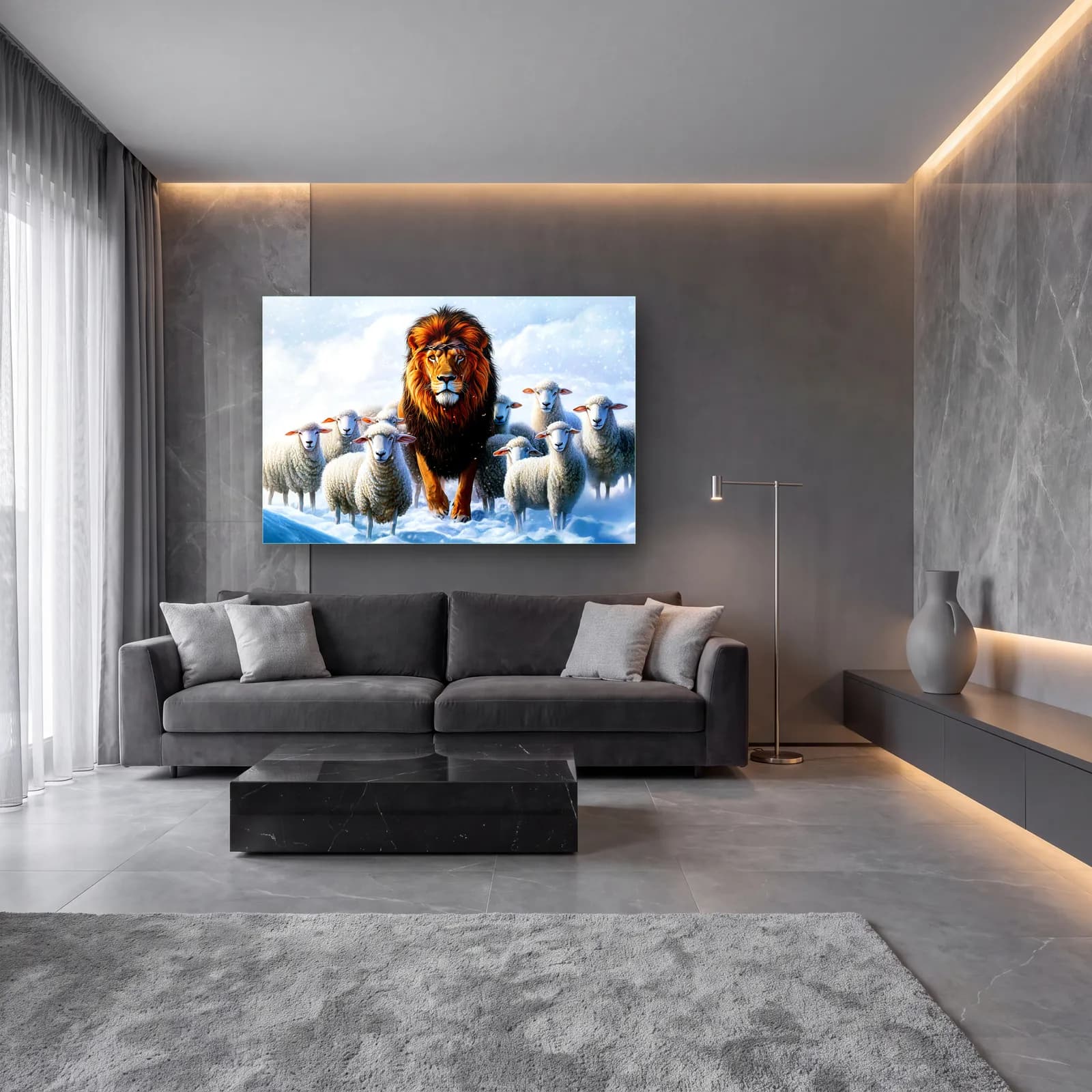 Koyunlar Arasında Aslan cam tablo — lüks salon duvarında