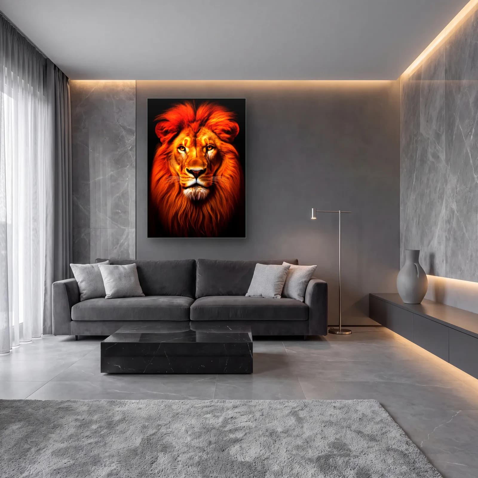 Kızıl Yeleli Aslan Portresi cam tablo — lüks salon duvarında