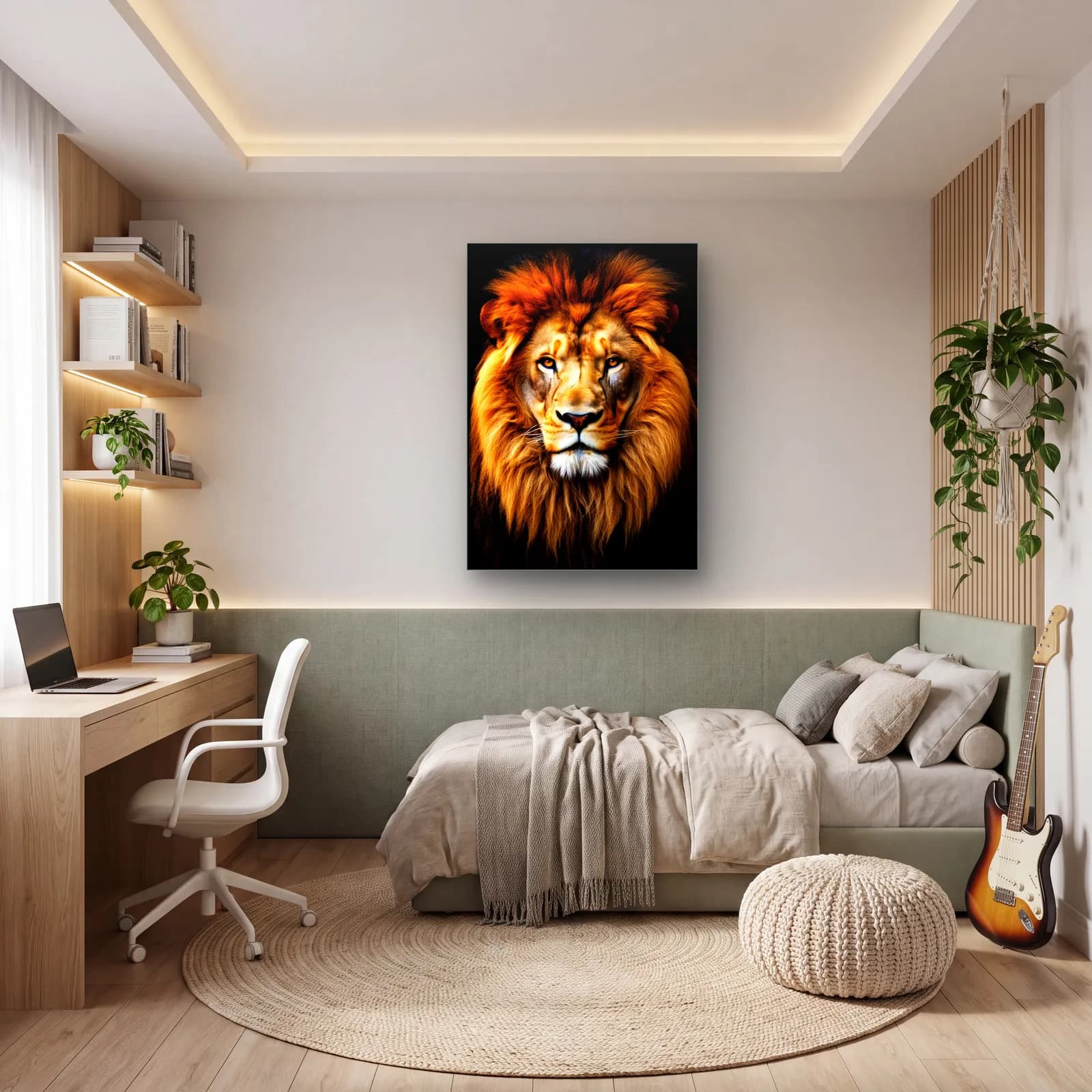 Altın Işıklı Aslan Portresi cam tablo — genç odasında