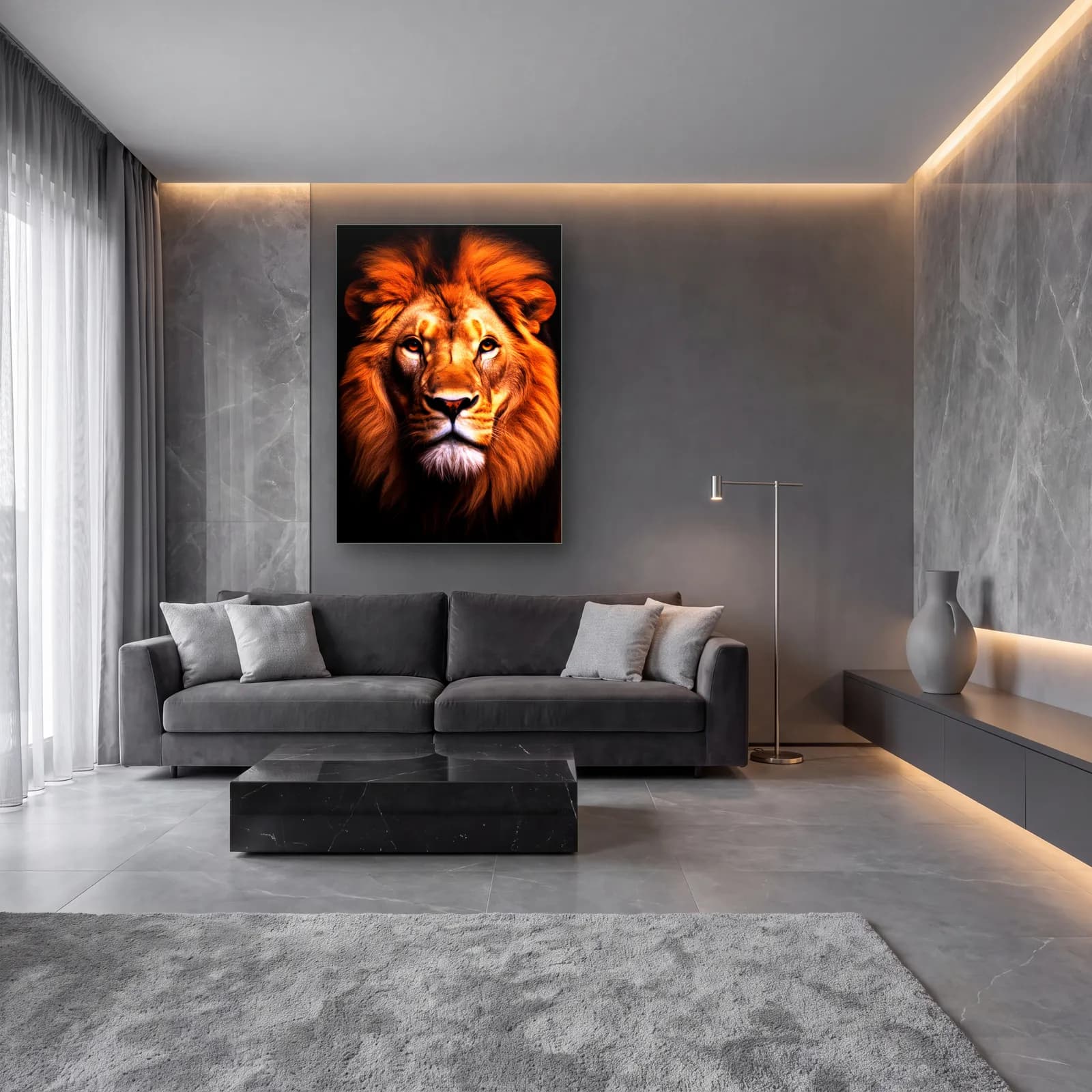 Koyu Kızıl Aslan Portresi cam tablo — lüks salon duvarında