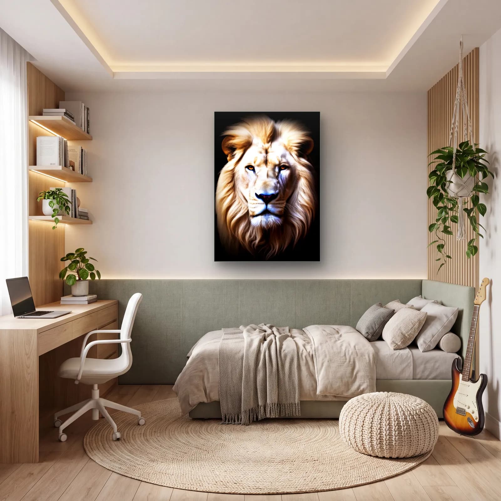 Işıltılı Beyaz Aslan Portresi cam tablo — genç odasında