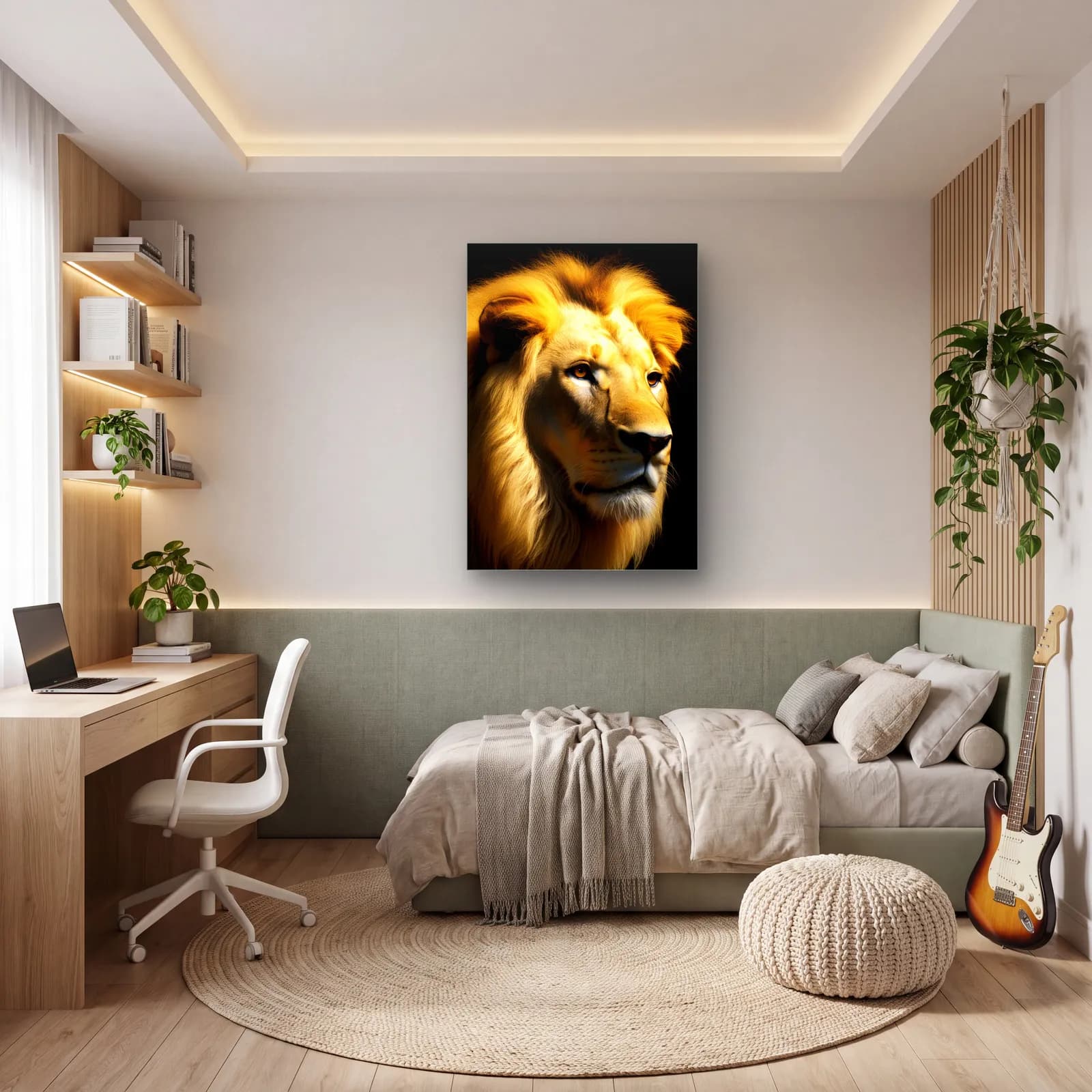 Altın Yeleli Aslan Yan Portresi cam tablo — genç odasında