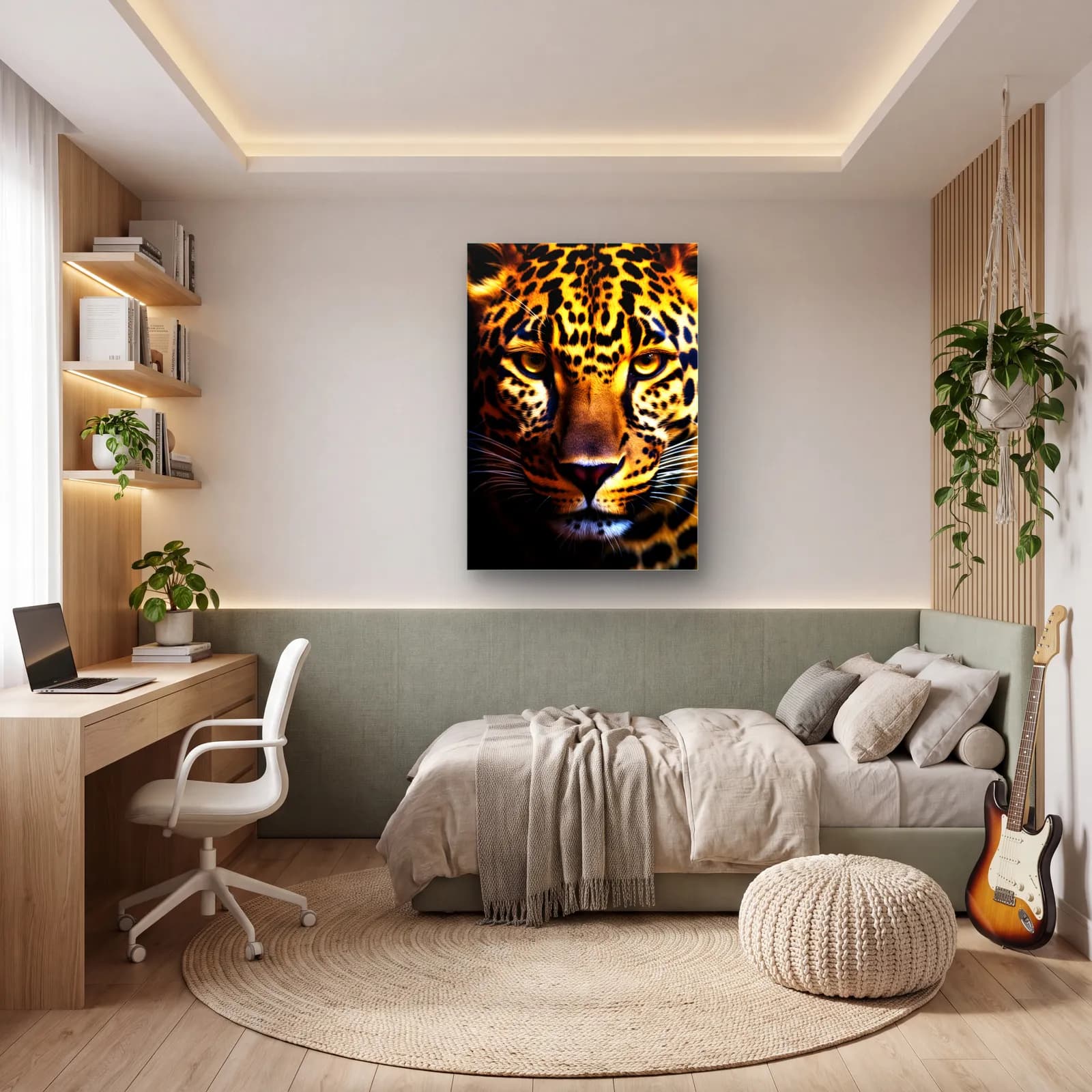 Altın Benekli Leopar Portresi cam tablo — genç odasında