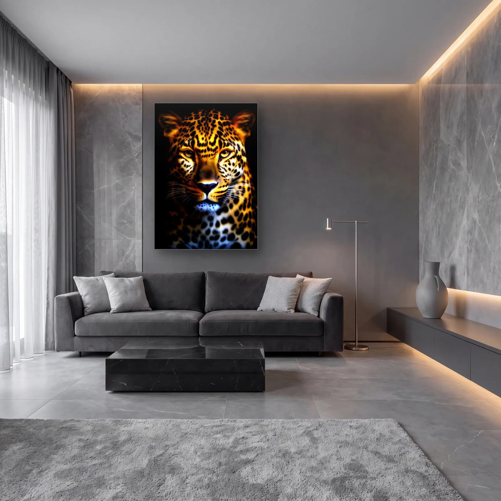 Jaguar Portresi cam tablo — lüks salon duvarında