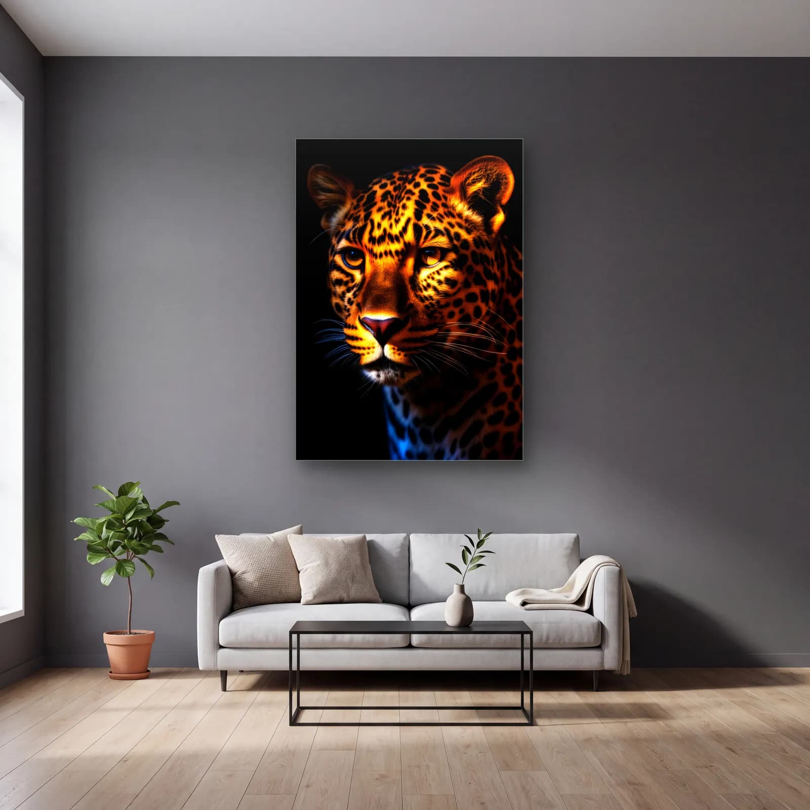 Karanlıkta Leopar Portresi cam tablo — gri duvarlı salonda