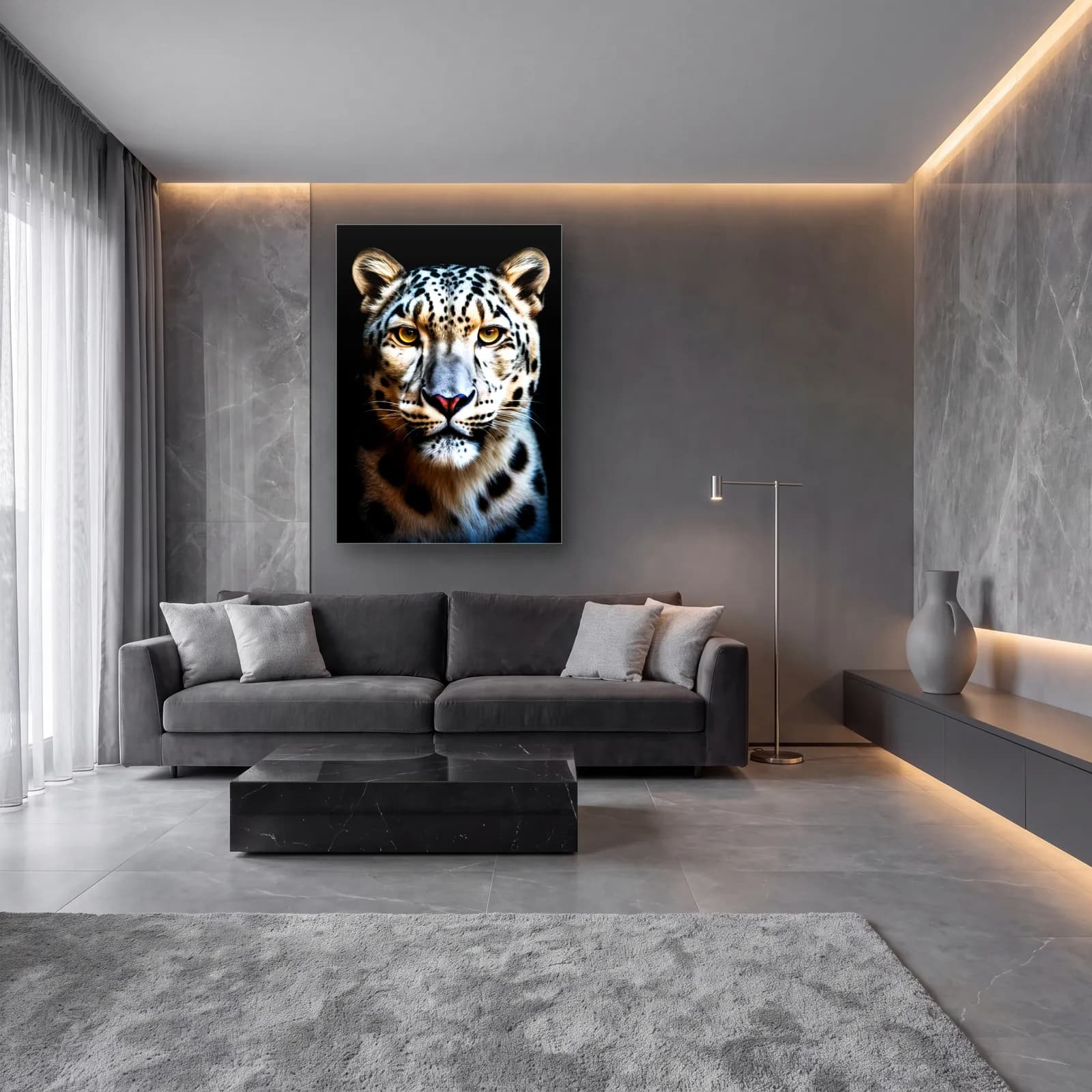 Kar Leoparı Portresi cam tablo — lüks salon duvarında