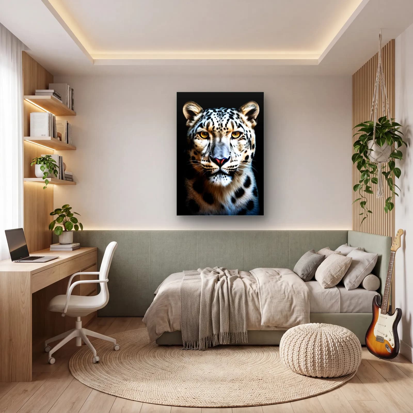 Kar Leoparı Portresi cam tablo — genç odasında