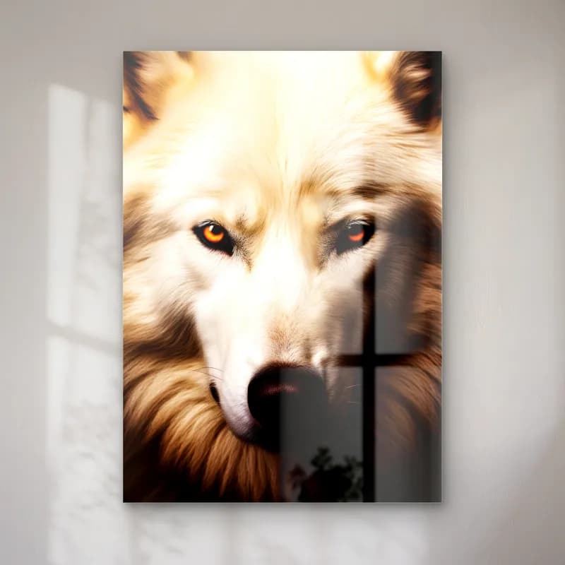 Beyaz Kurt Yakın Plan cam tablo — Yakın plan çekilmiş krem tüylü beyaz kurt yüzü
