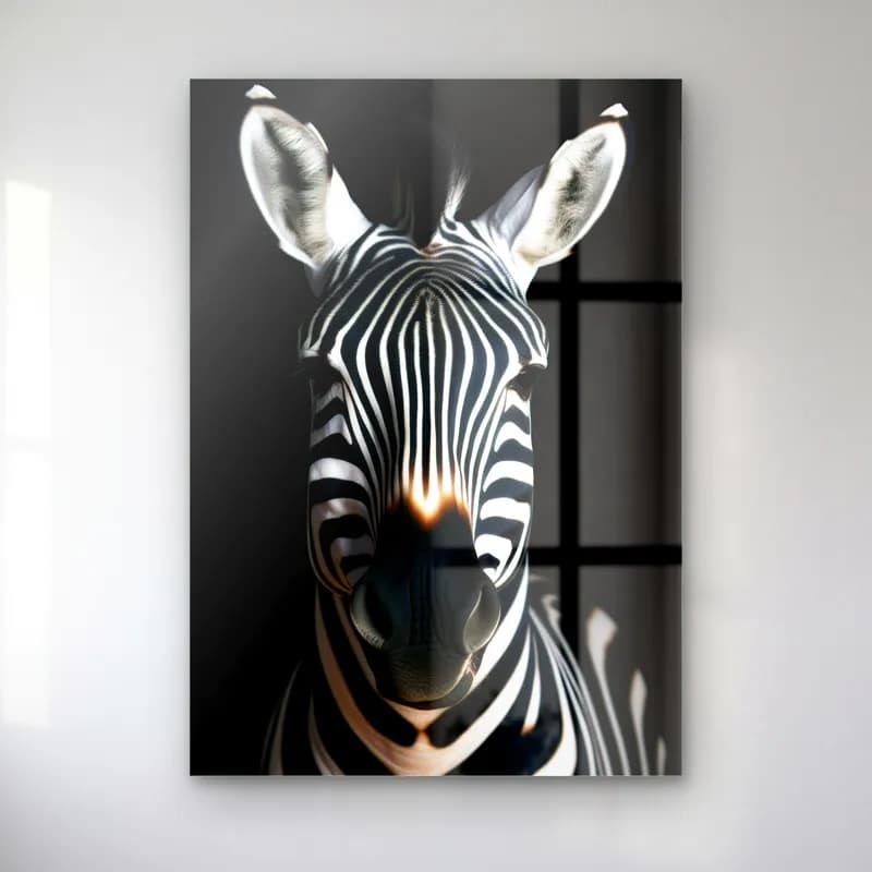 Karanlıkta Zebra Portresi cam tablo — Siyah fonda önden bakan siyah beyaz çizgili zebra