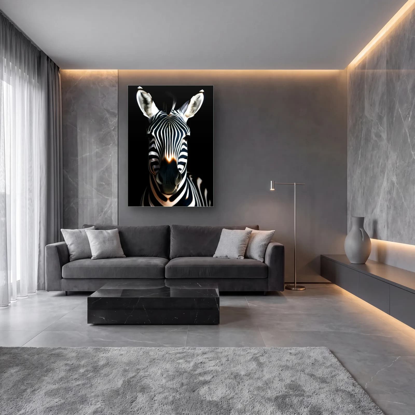Karanlıkta Zebra Portresi cam tablo — lüks salon duvarında