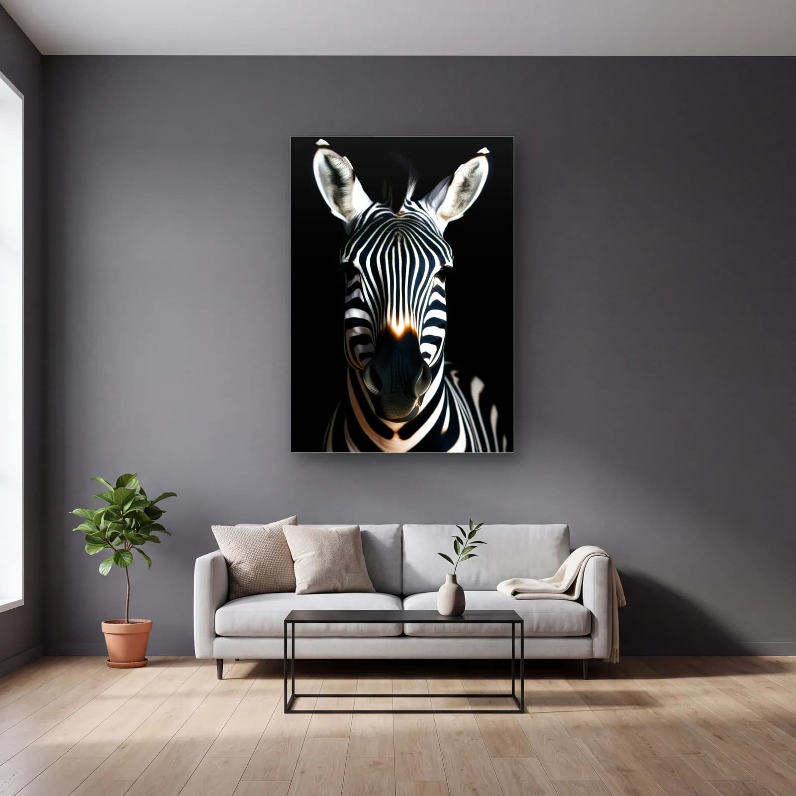 Karanlıkta Zebra Portresi cam tablo — gri duvarlı salonda
