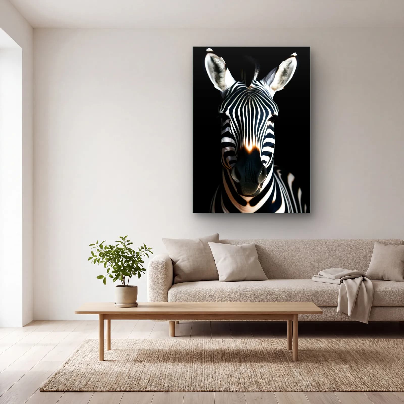 Karanlıkta Zebra Portresi cam tablo — açık renk salonda