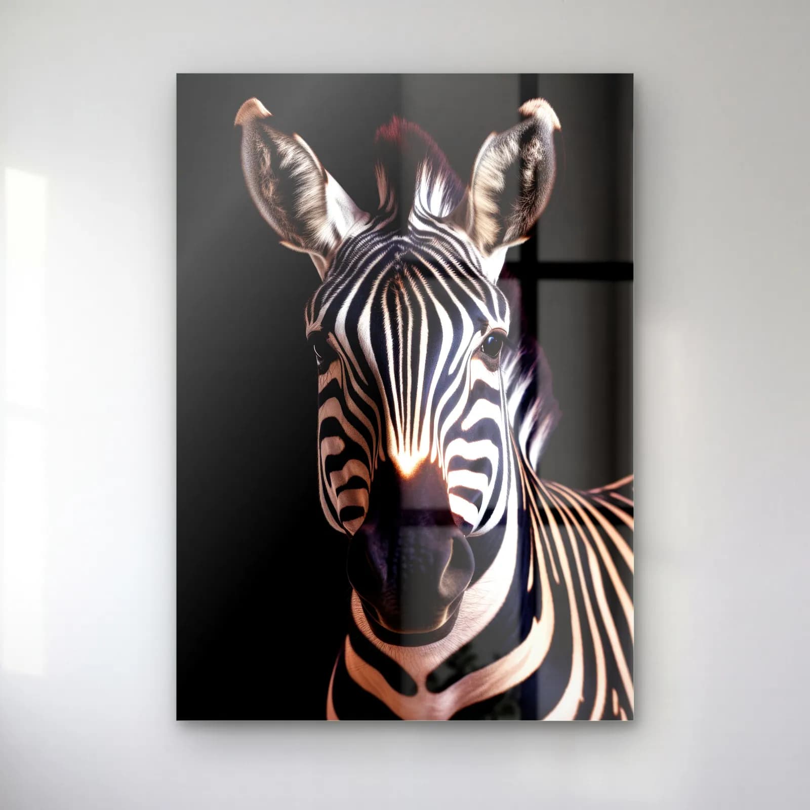 Zebra Portresi Sıcak Işık cam tablo — Karanlık fonda burnu ışıkla aydınlanan zebra